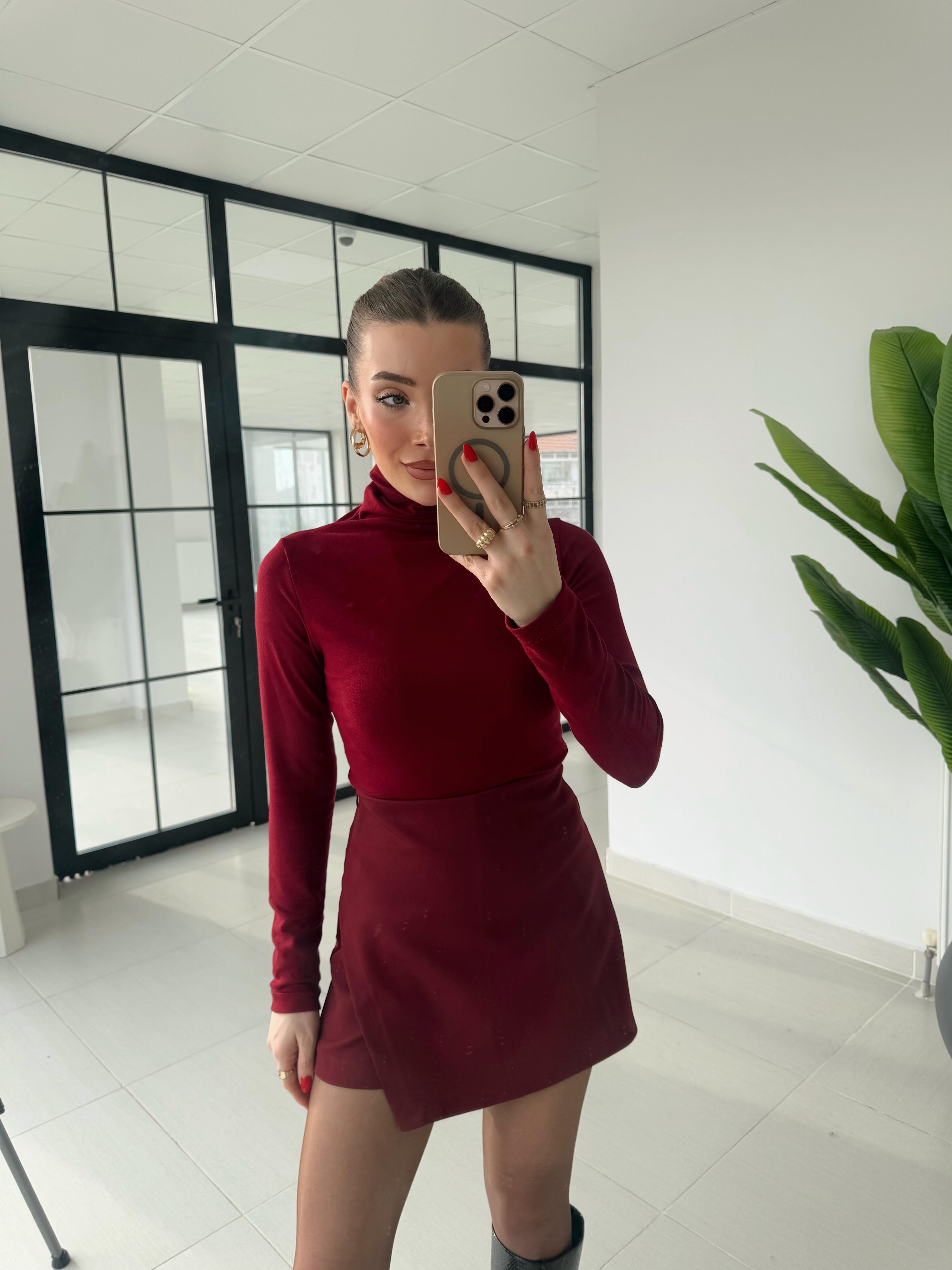 Bordo Orjinal Marka Boğazlı Modal Kumaş Basic Bluz