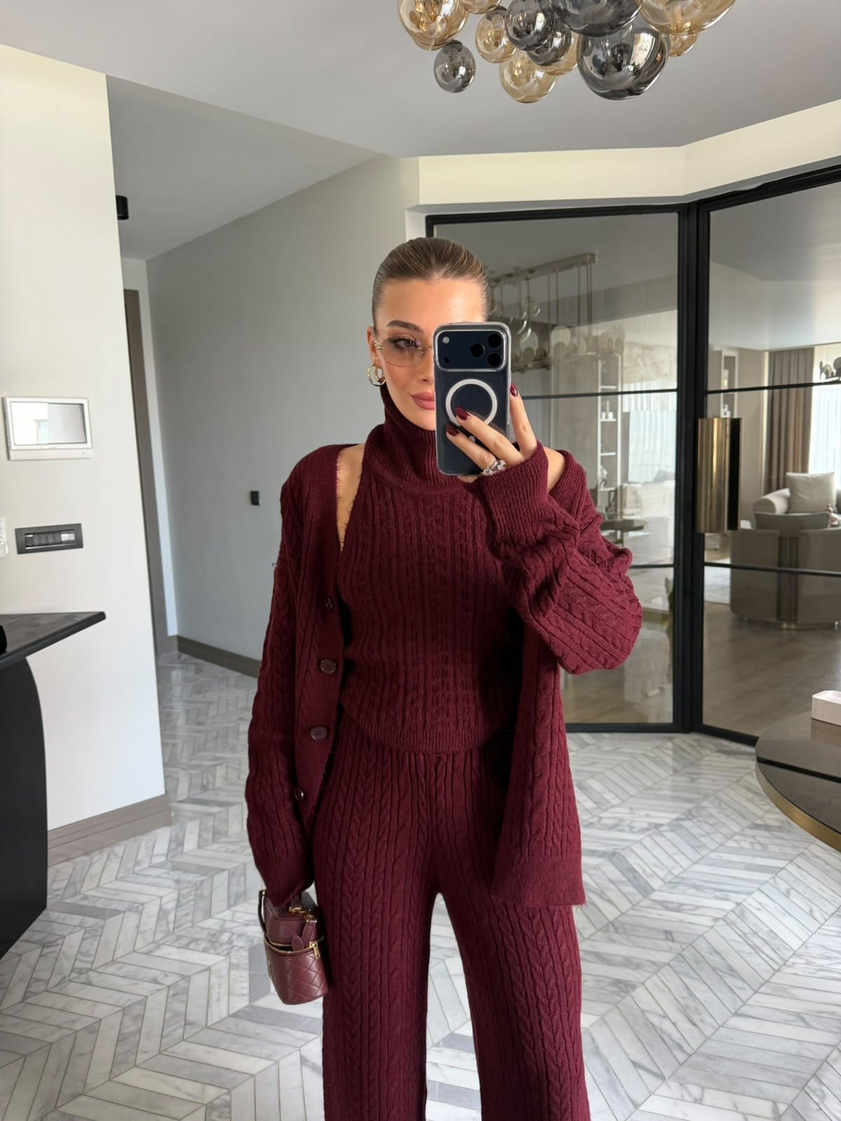 Bordo Örme Desenli Üçlü Triko Takım