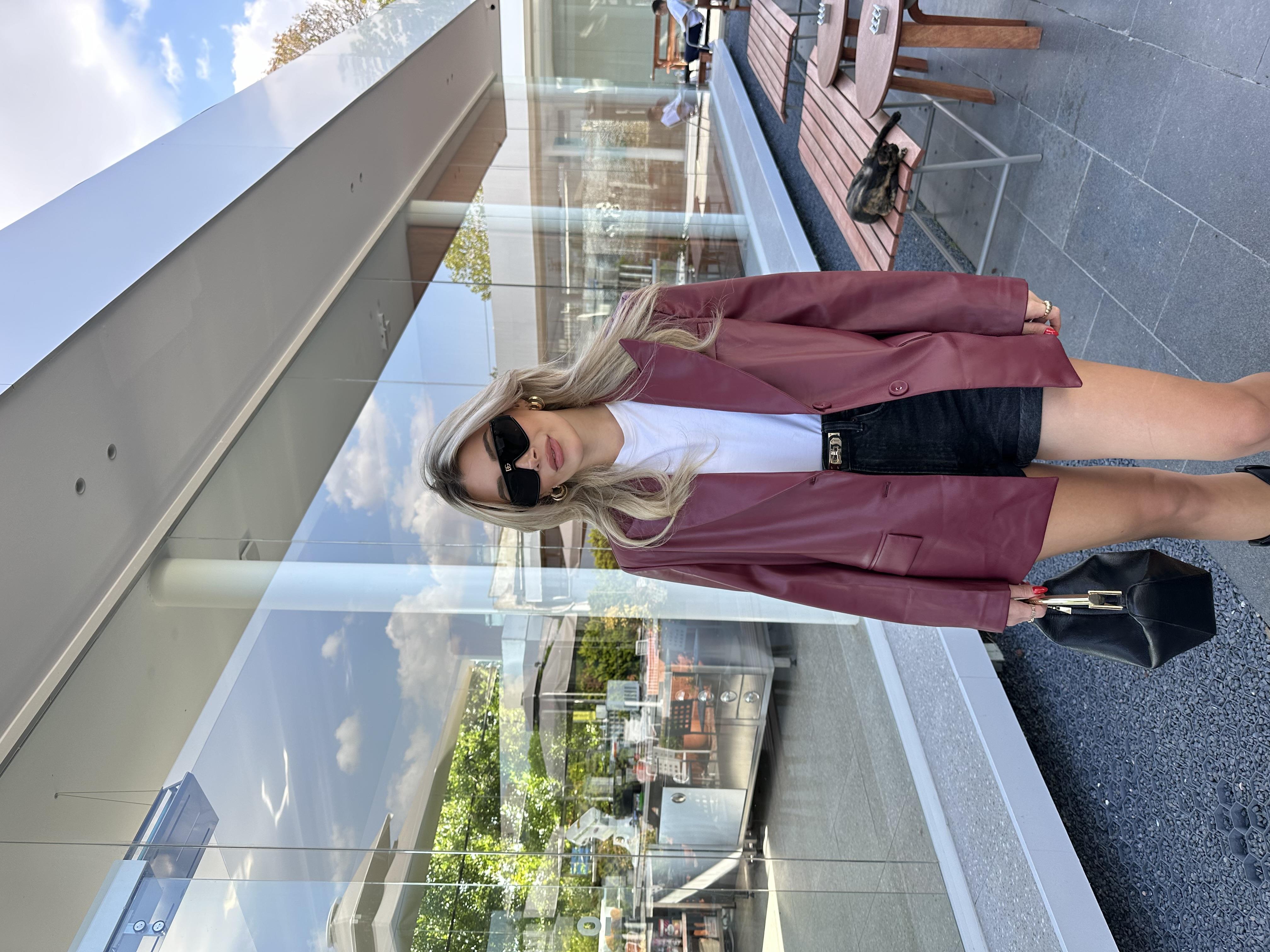 Bordo Oversize Deri Blazer Ceket