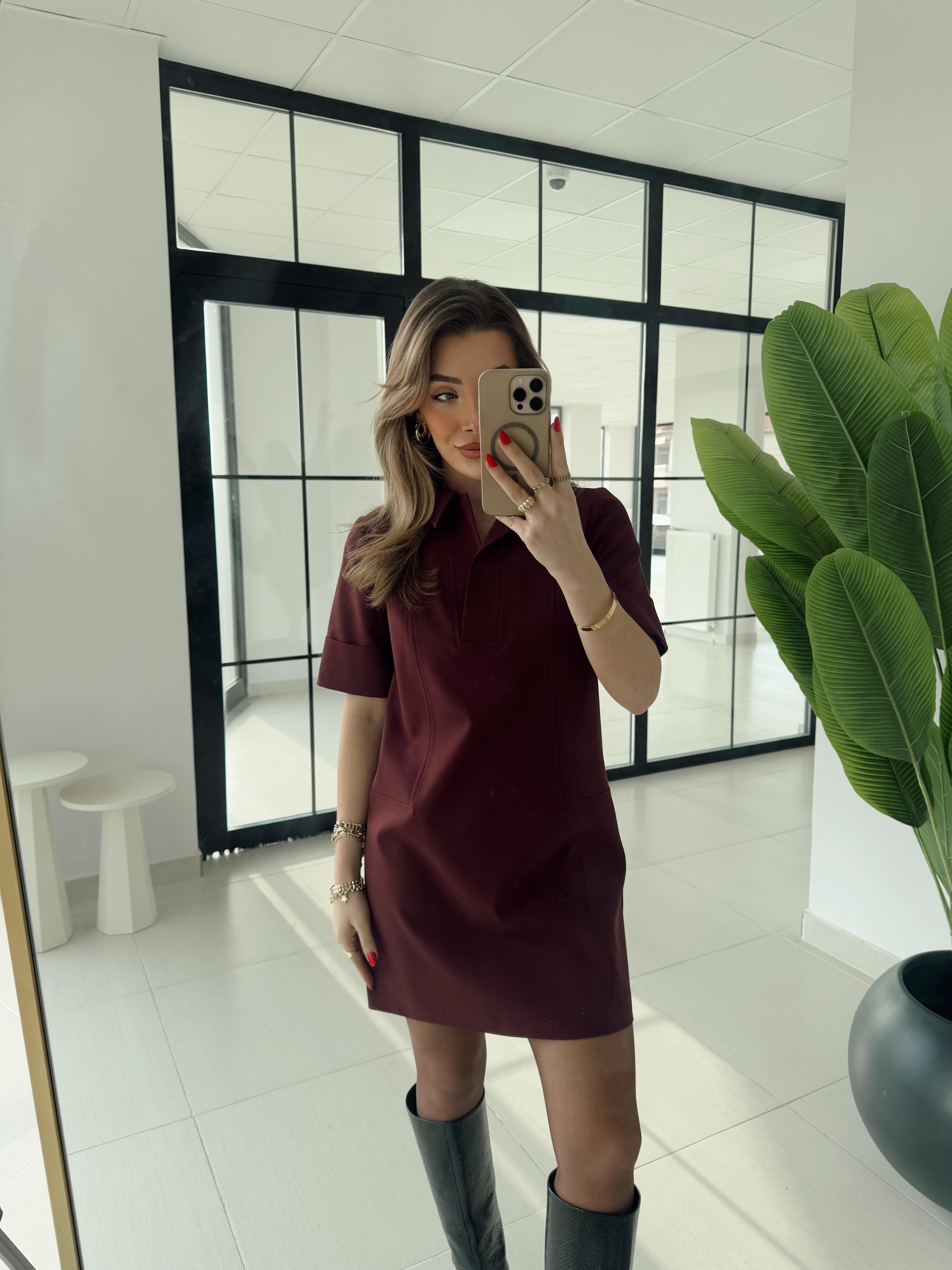 Bordo Polo Yaka Elbise - 90912
