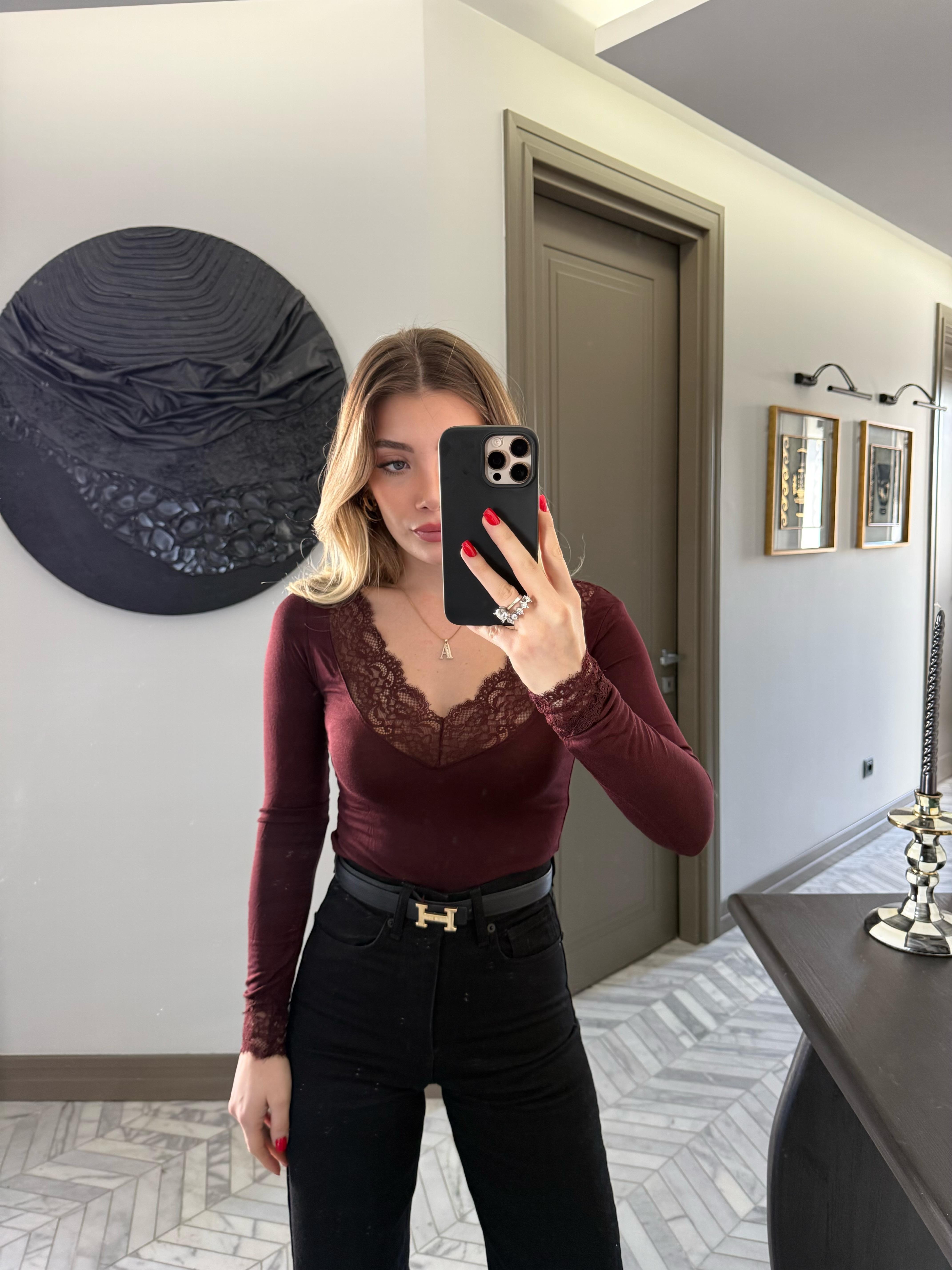 Bordo V Yaka Dantelli Bluz