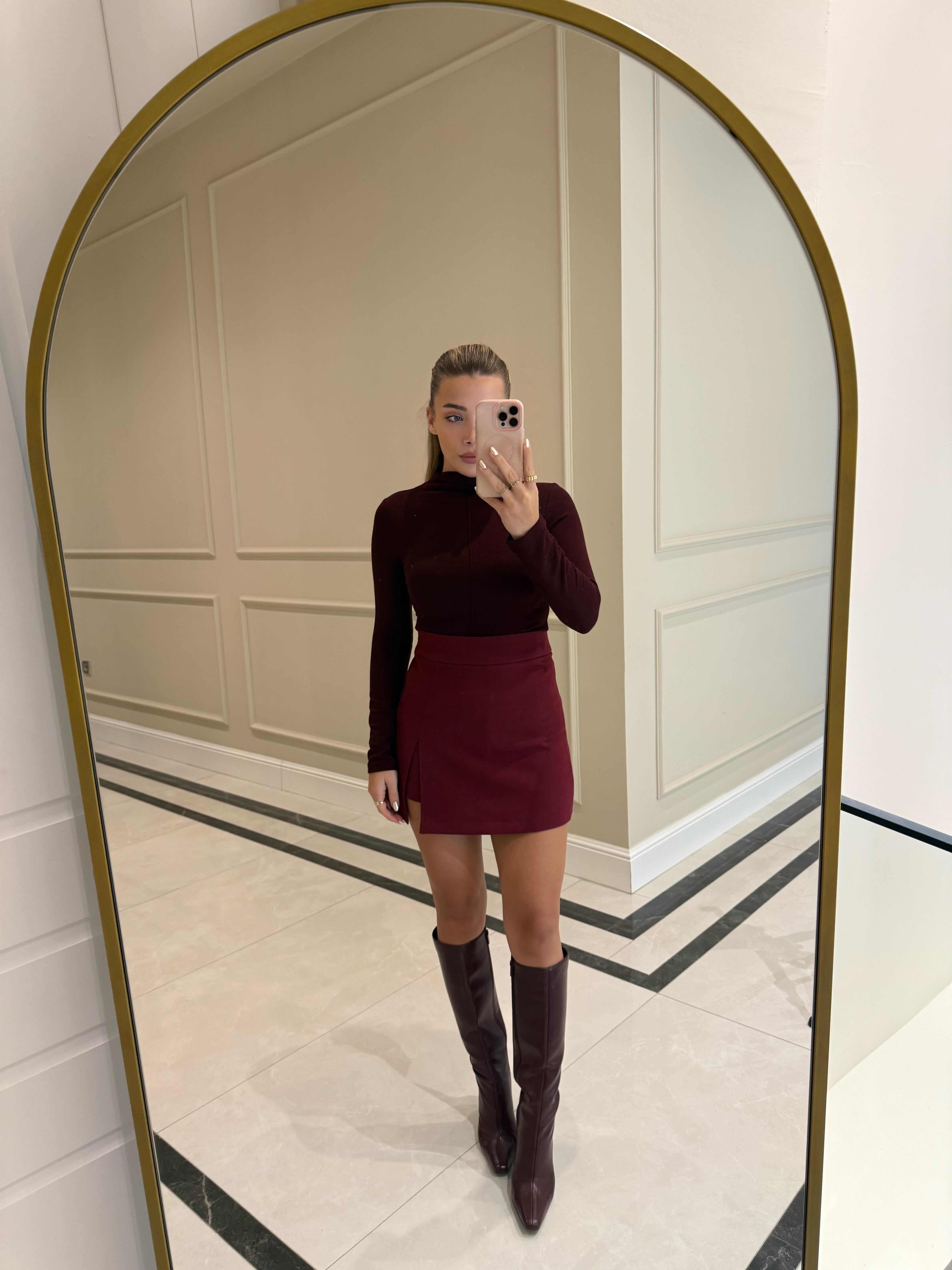 Bordo Yırtmaçlı Şort Etek-5179