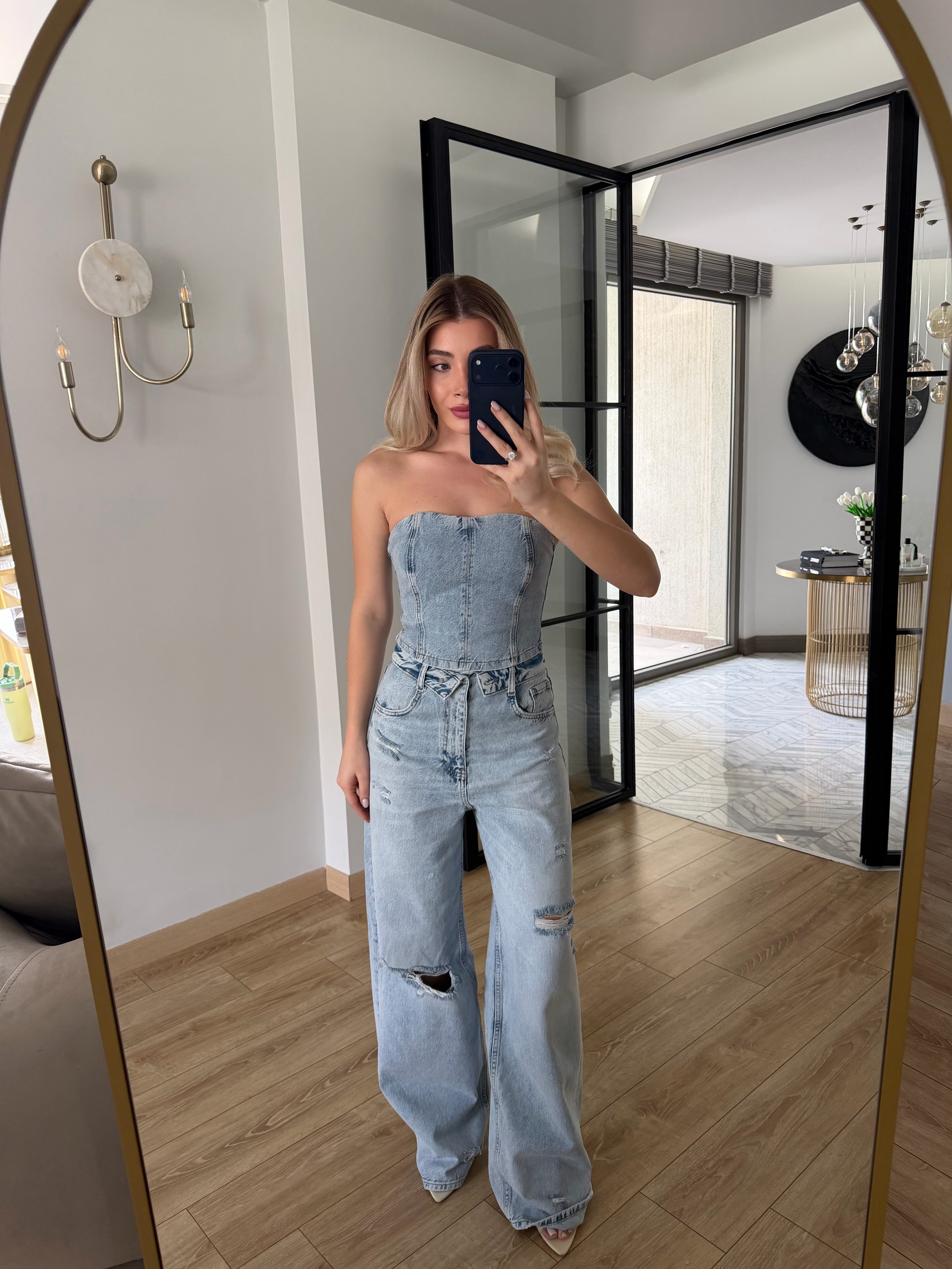 Buz Mavi Büstiyer-Pantolon İkili Denim Takım