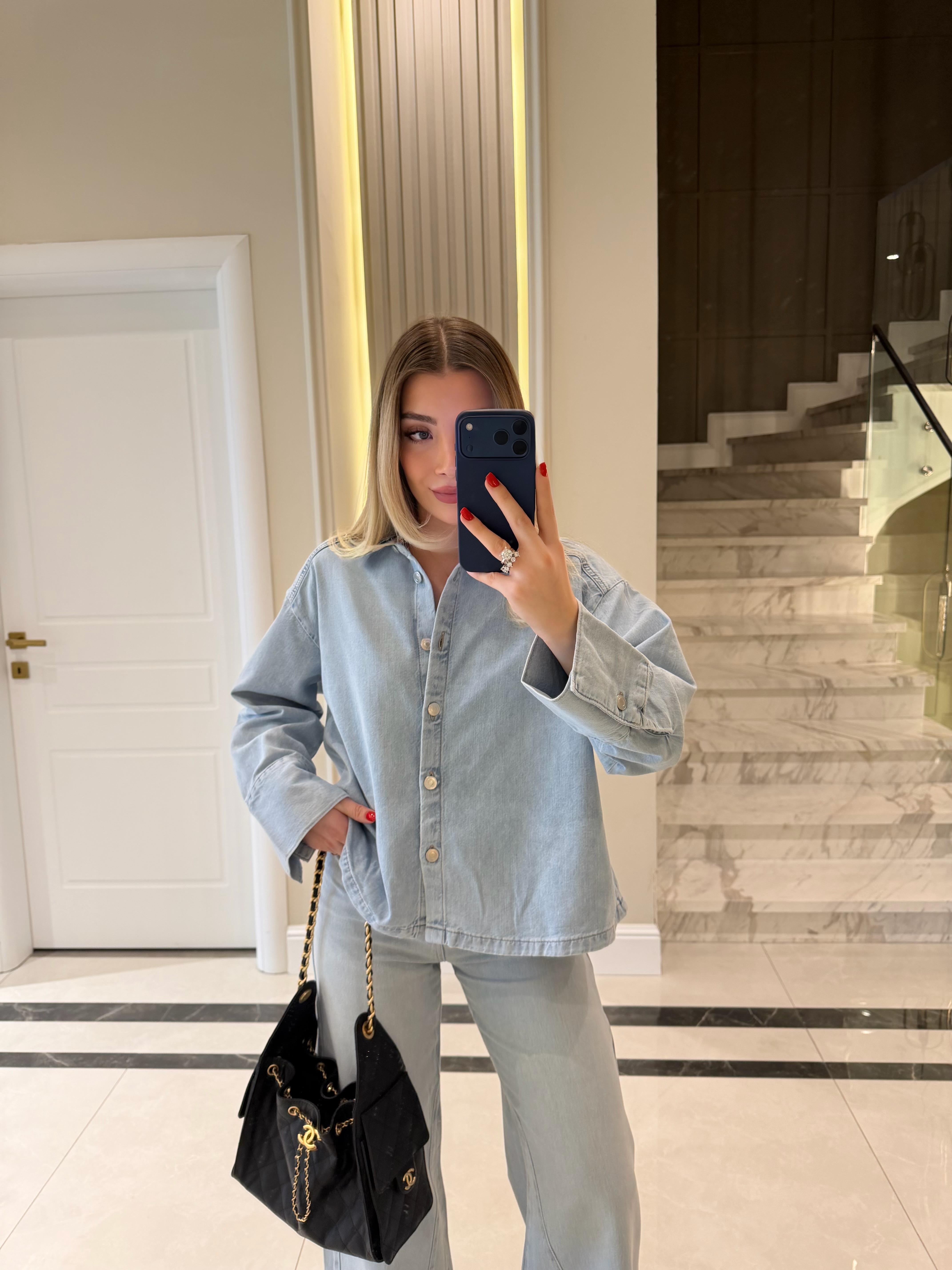 Buz Mavi Polo Yaka Oversize Deniz Gömlek
