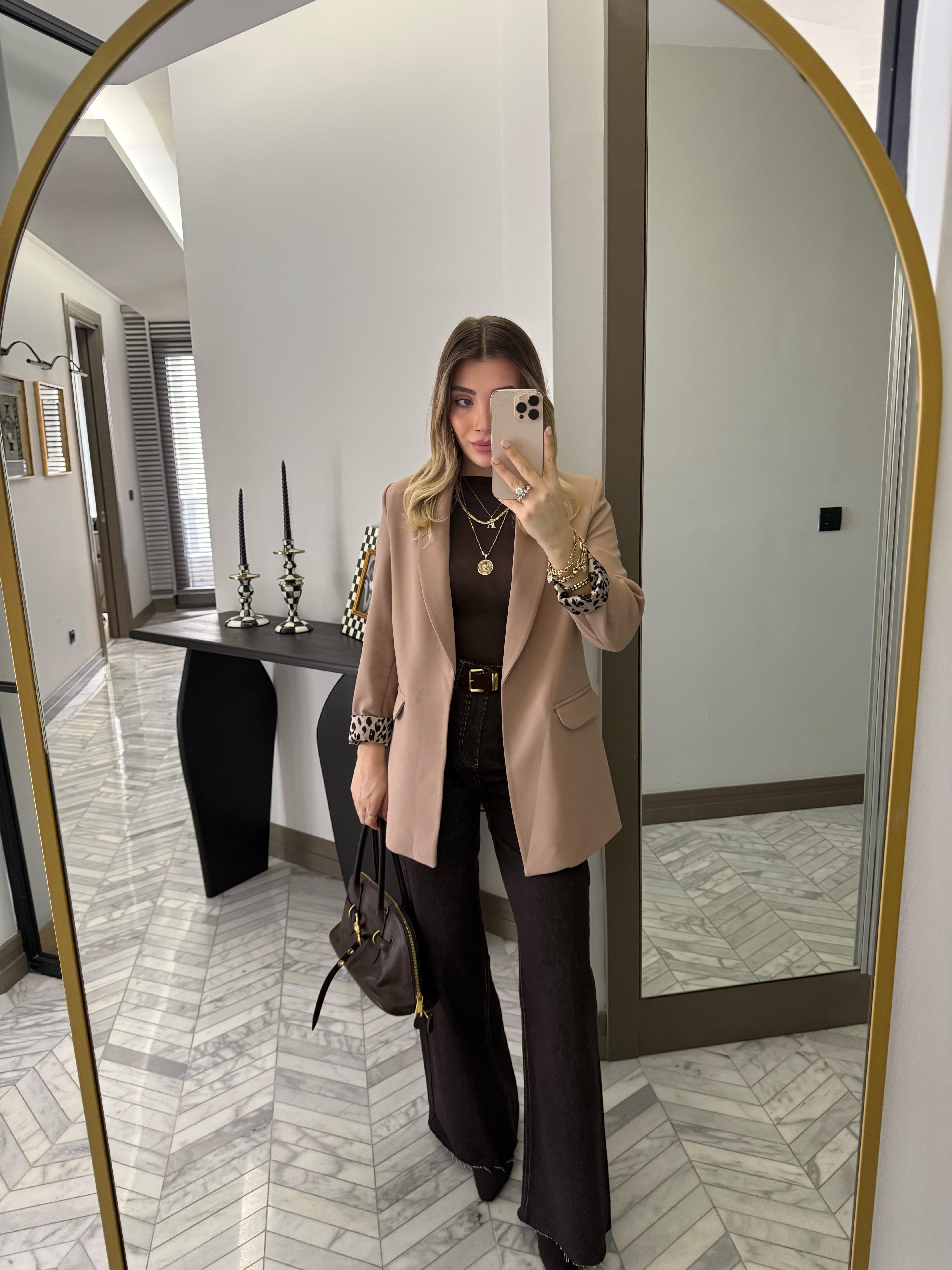 Camel Leopar Astarlı Atlas Kumaş Blazer Ceket