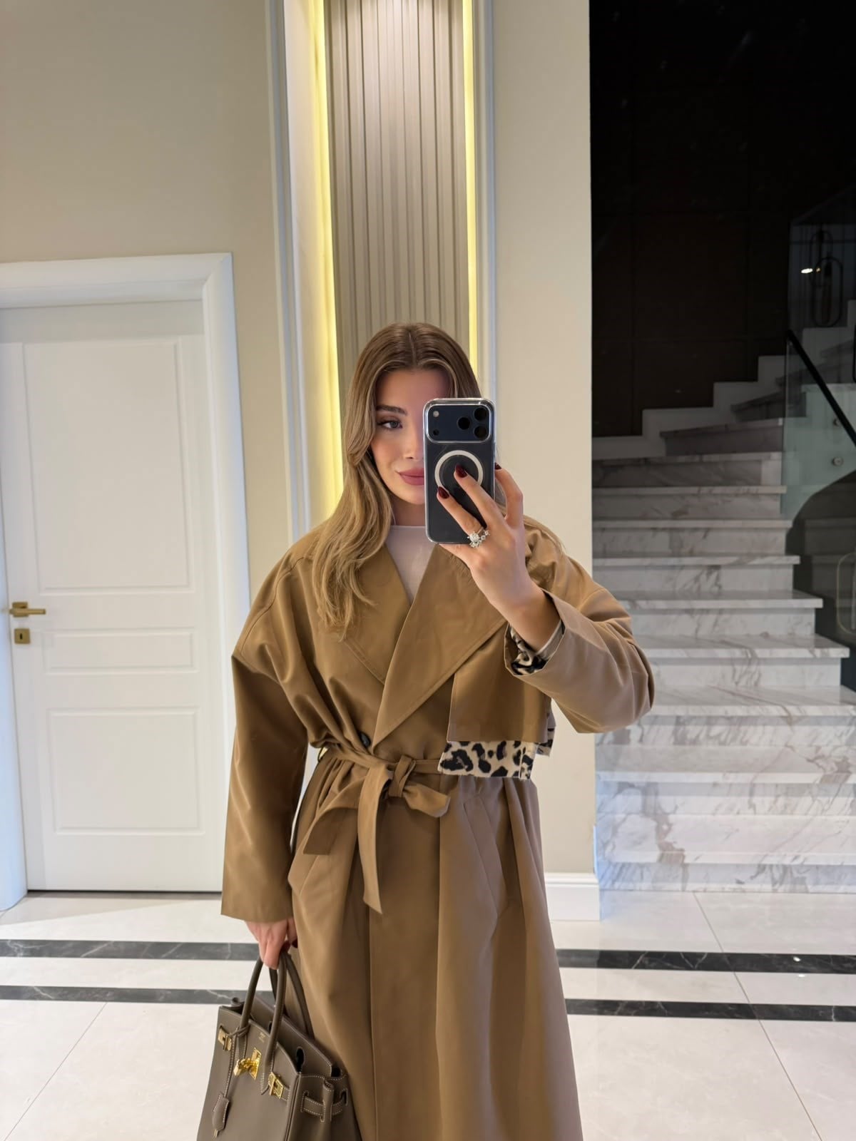 Camel Leopar Detaylı Trençkot
