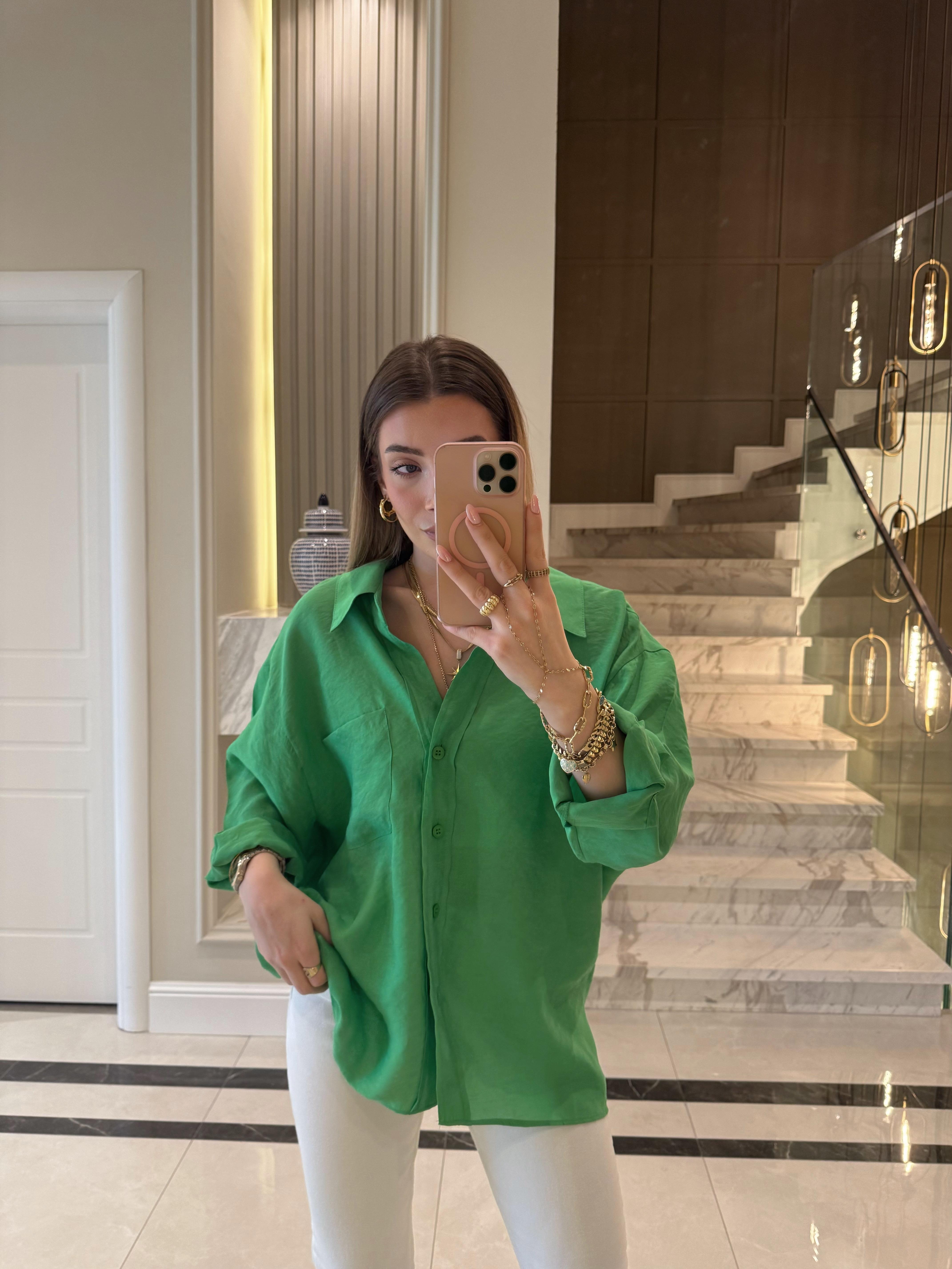 Çimen Yeşili Oversize Tensel Gömlek-4612