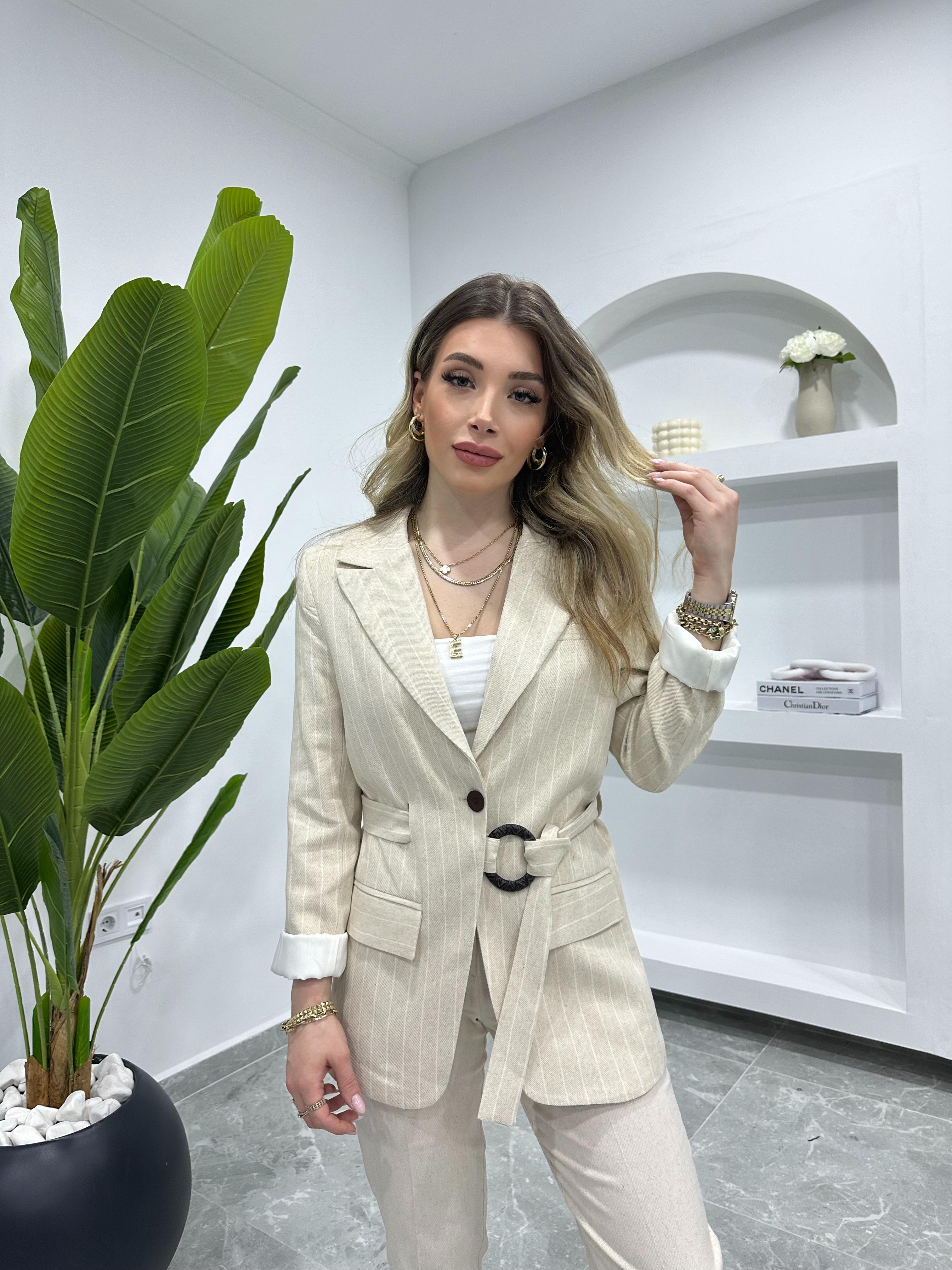 Çizgili Keten Kuşaklı Blazer Ceket -9423