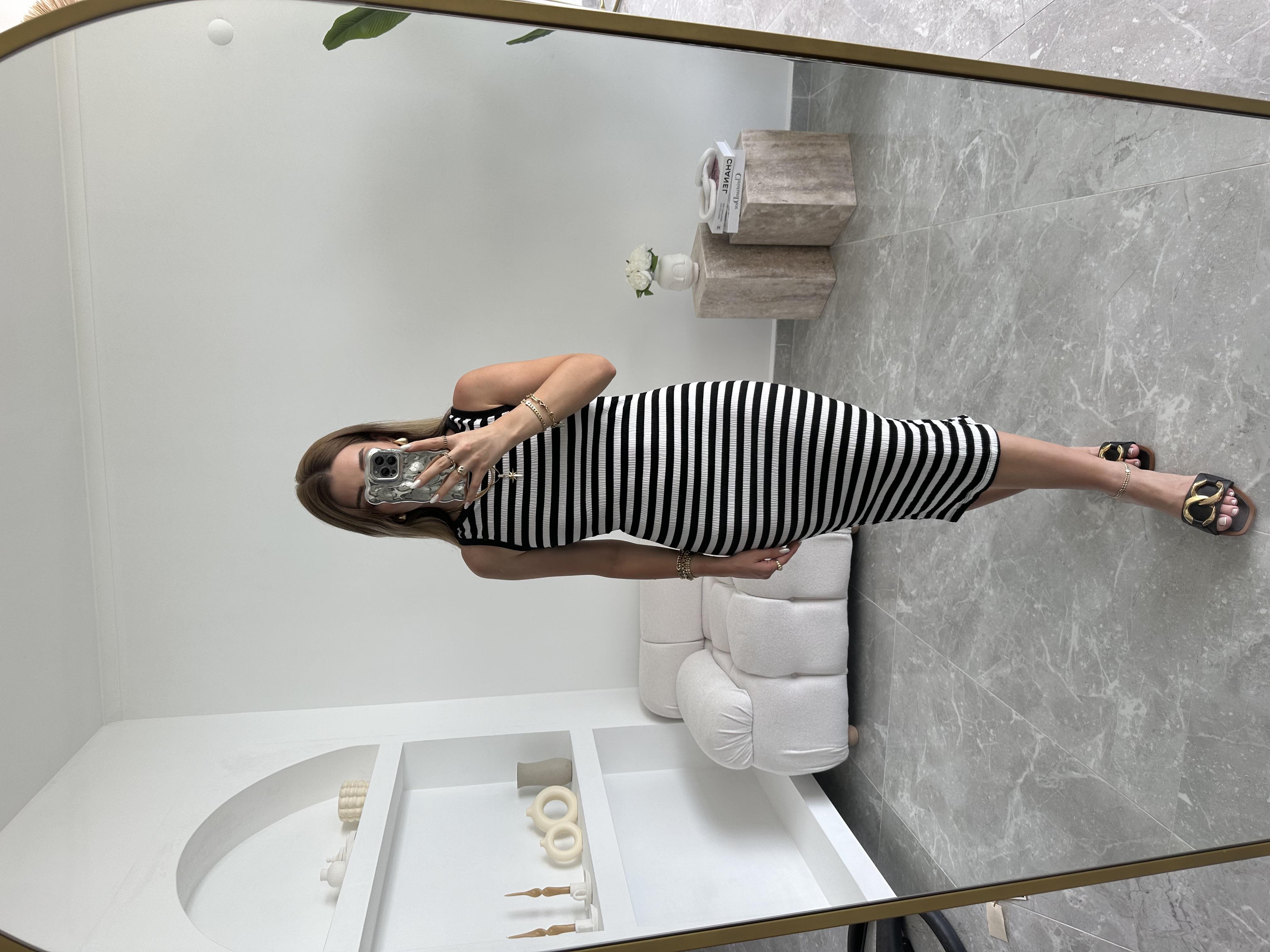 Çizgili Midi Boy Likralı Elbise