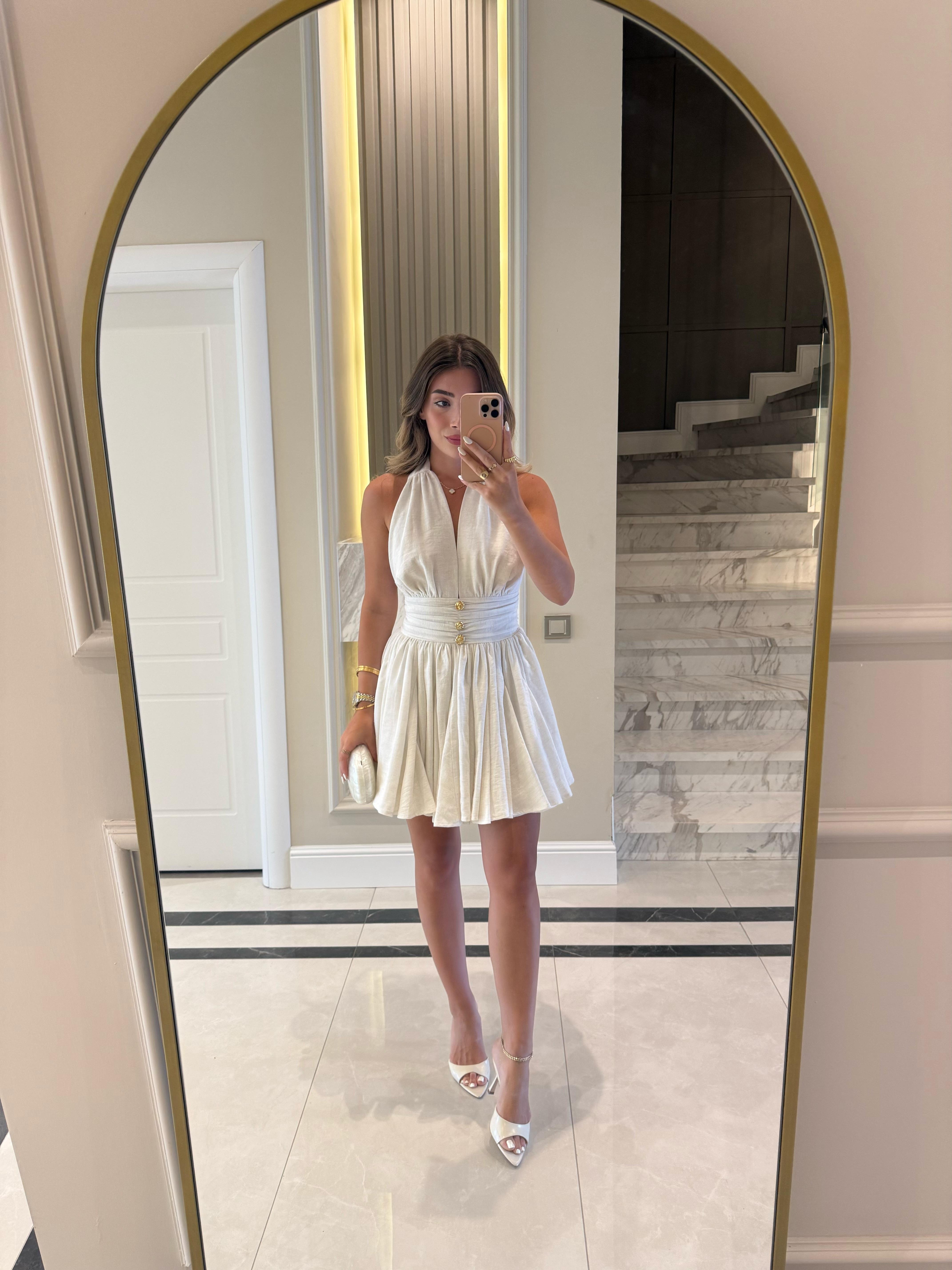 Ekru Beli Drapeli Mini Elbise- ( ÖN SİPARİŞTİR KARGO ÇIKIŞI 09.07.2025)