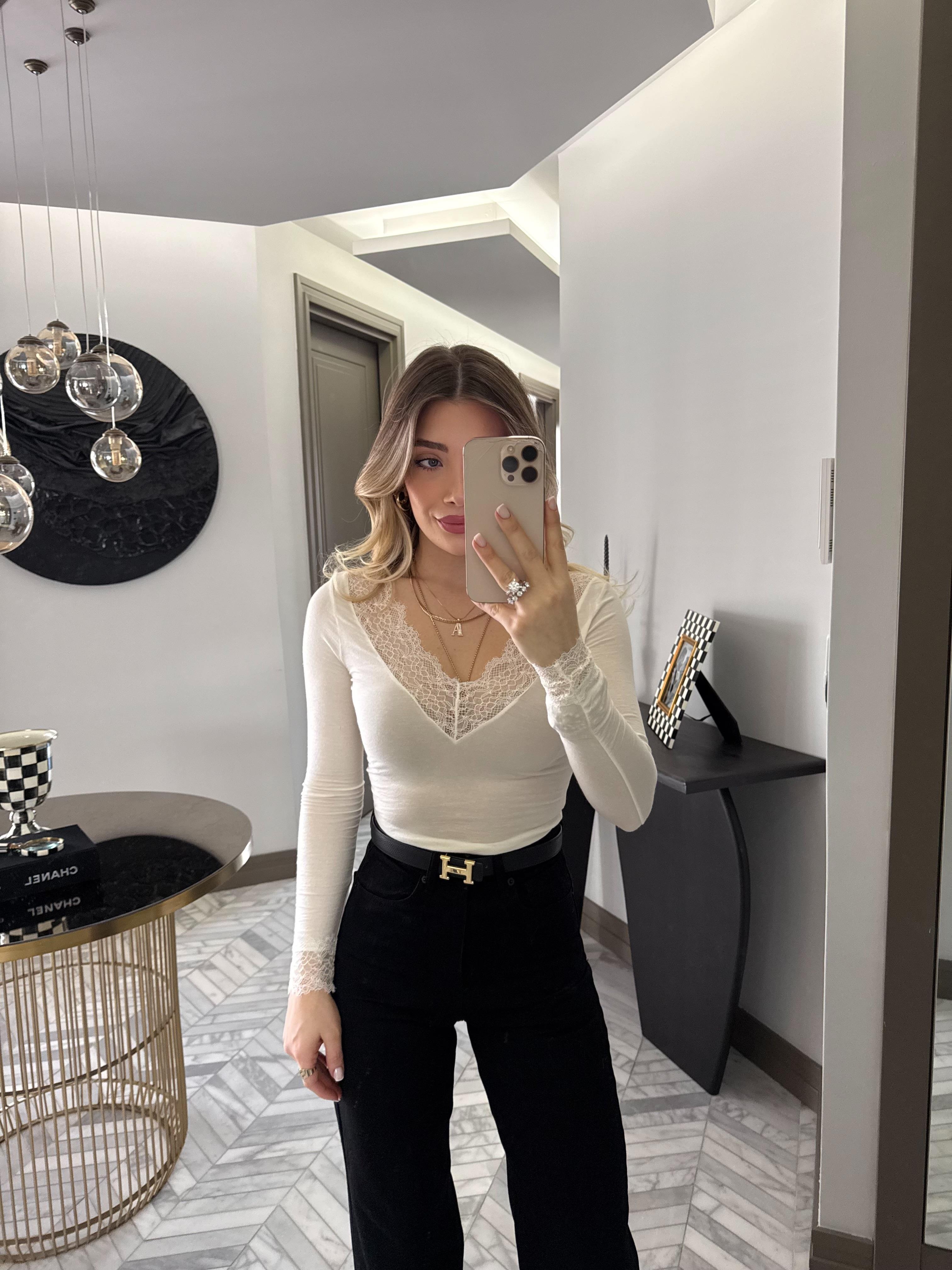 Ekru Dantelli Kaşmir Transparan Bluz-32311