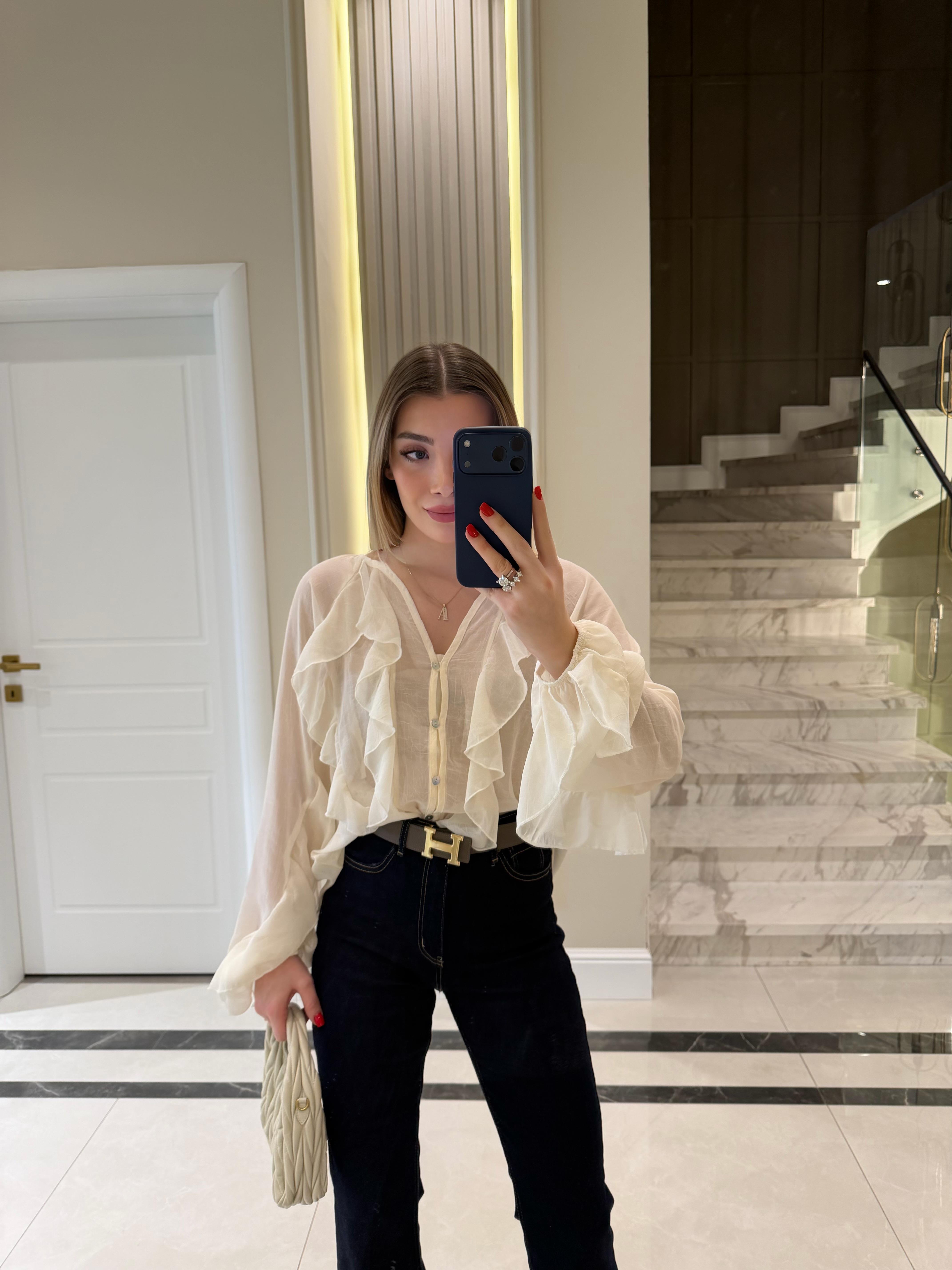 Ekru Fırfır Detaylı Şifon Bluz -70245