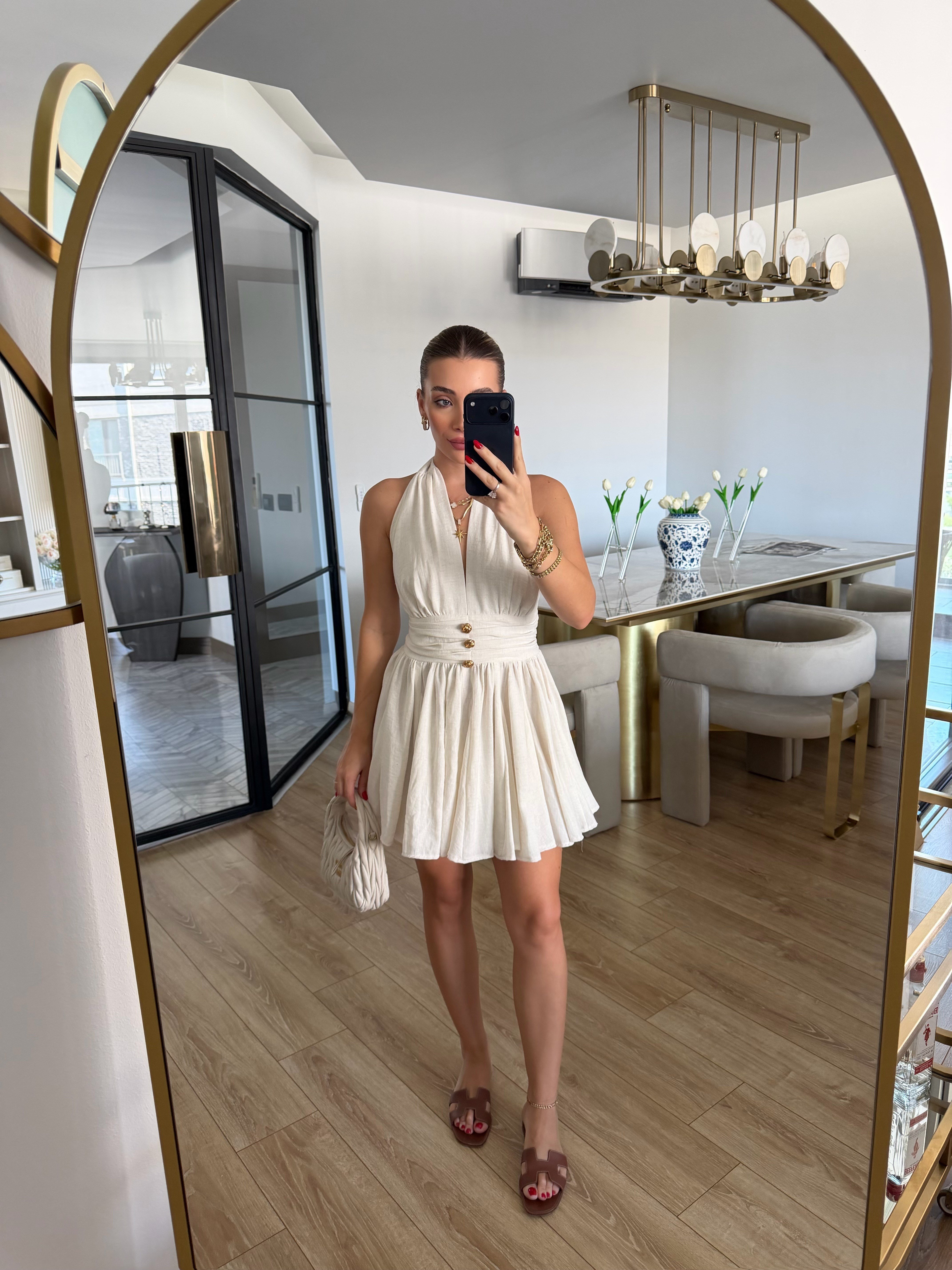 Ekru Gold Düğmeli Mini Elbise 