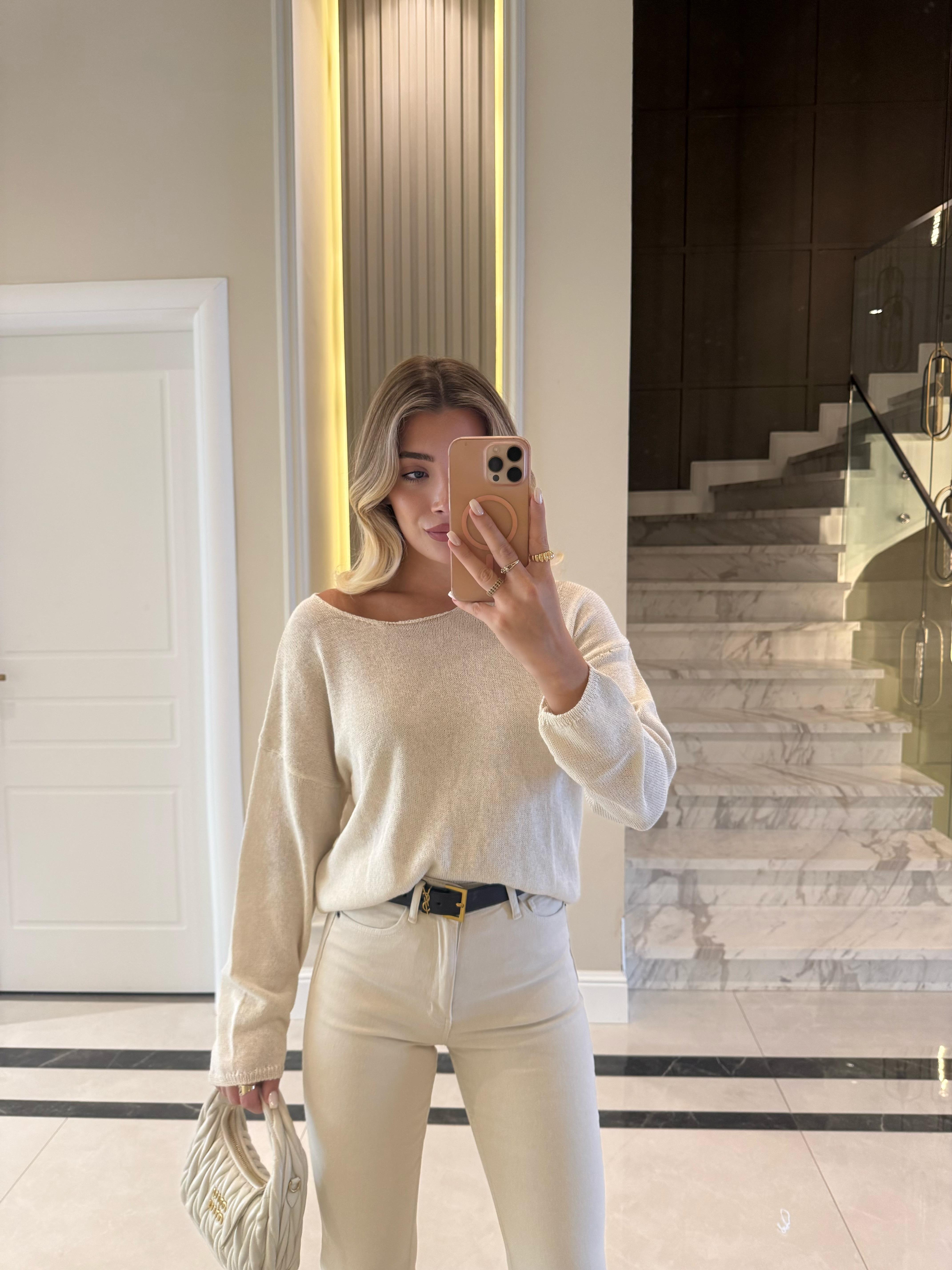 Ekru Kendinden Yakalı Düz Triko -251007