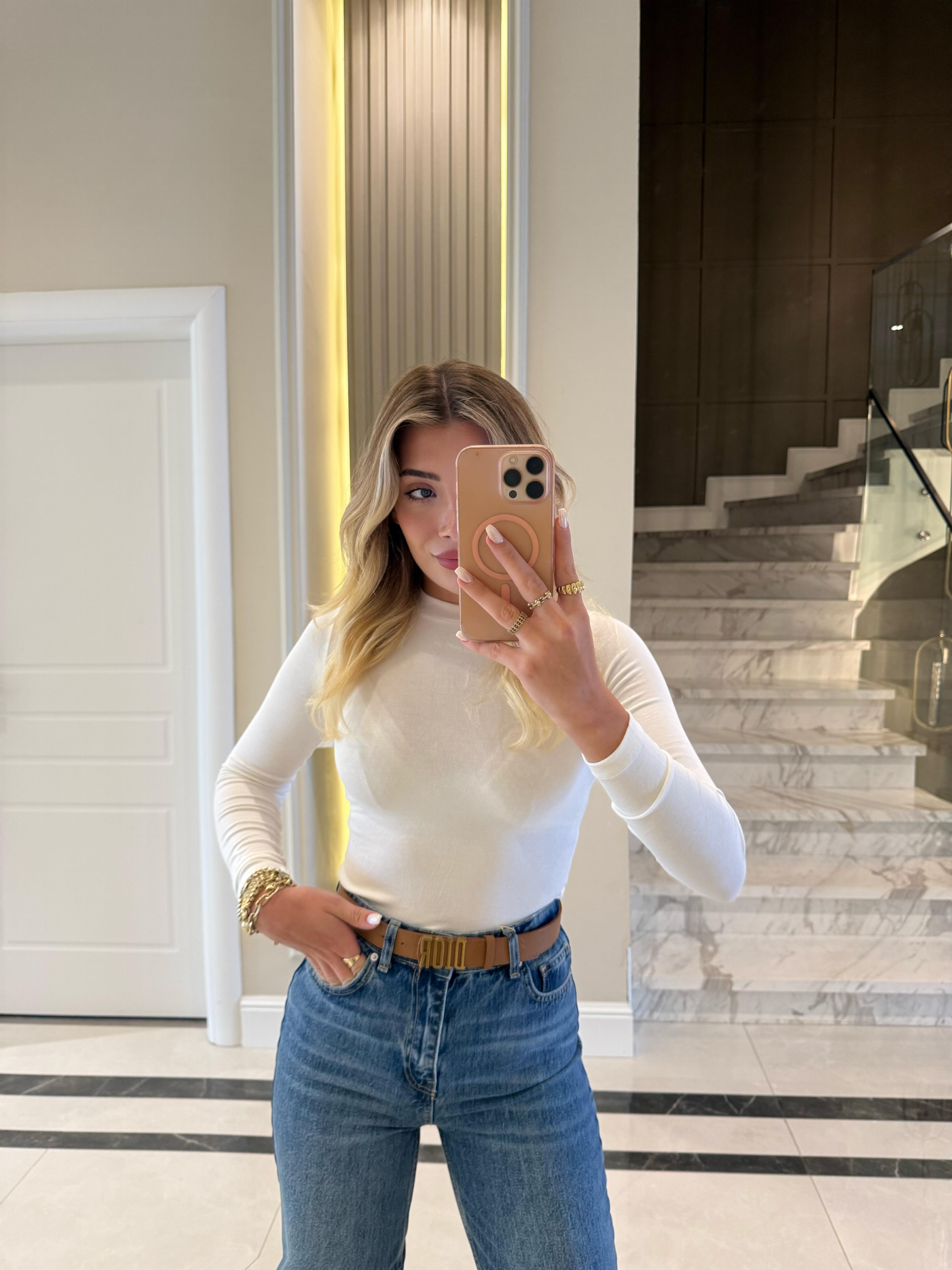 Ekru Massi Orjinal Marka Modal Kumaş Uzun Kollu Top