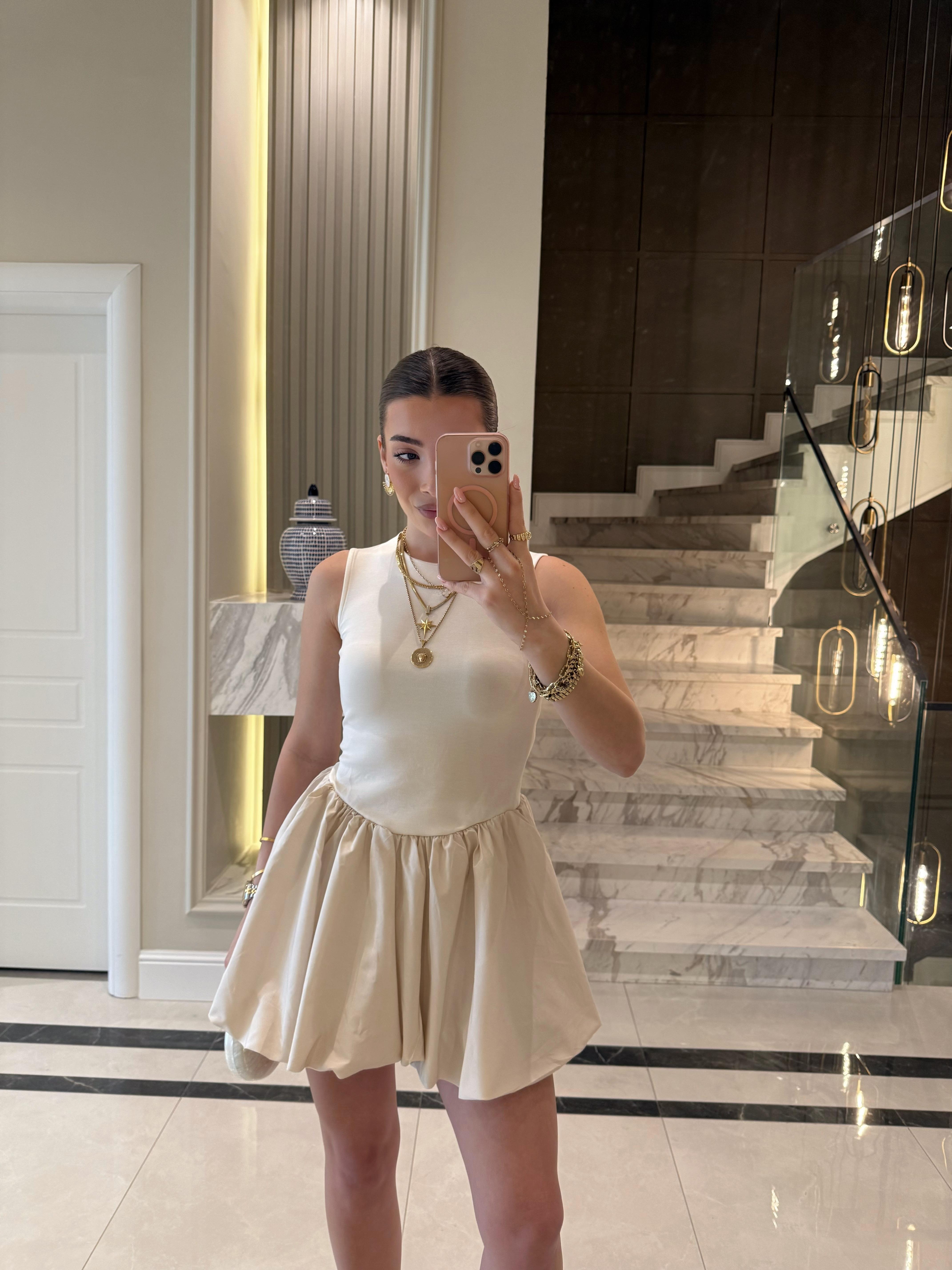 Ekru Mini Balloon Elbise 