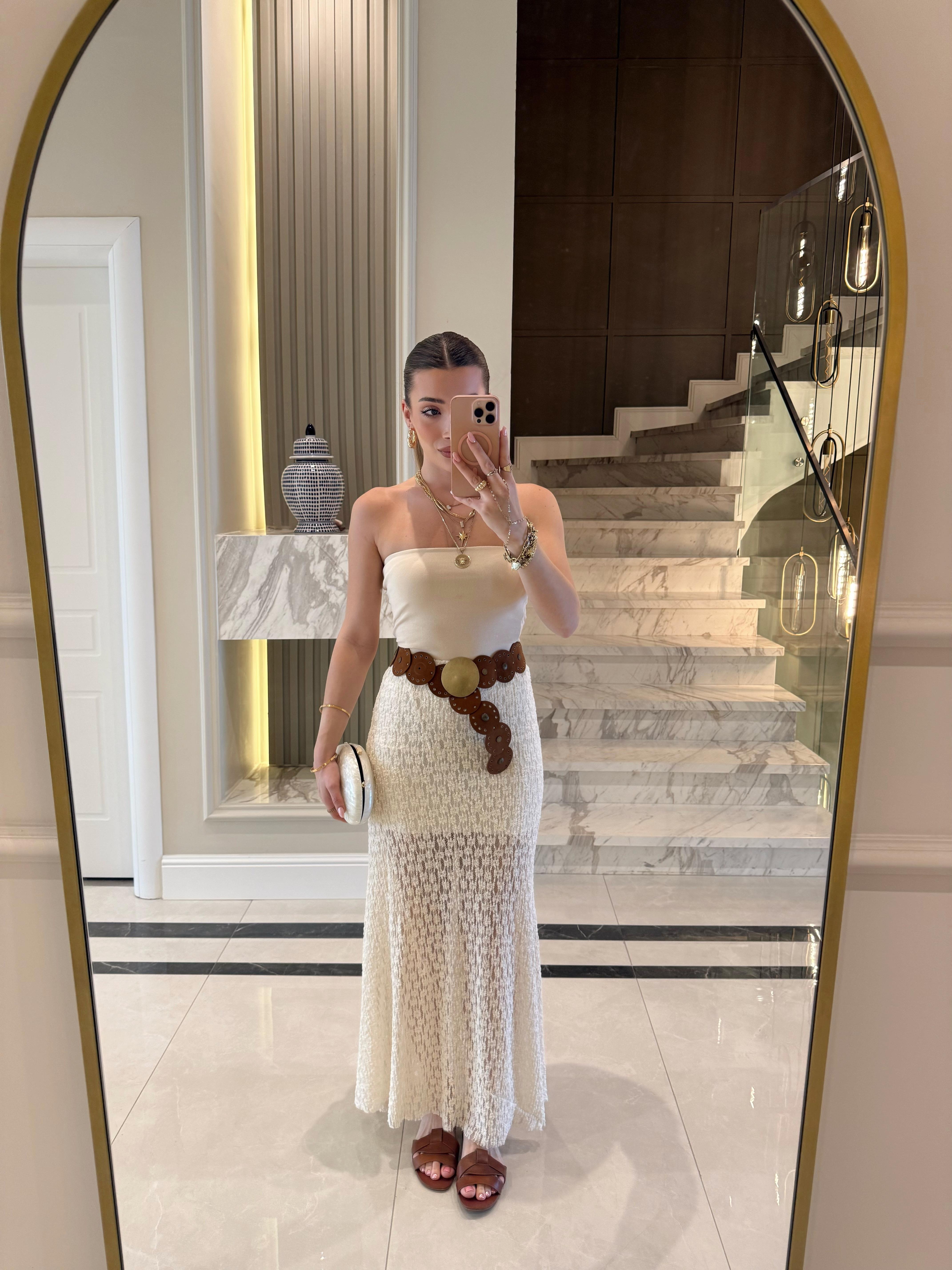 Ekru New Keidy Brode Midi Boy  Etek