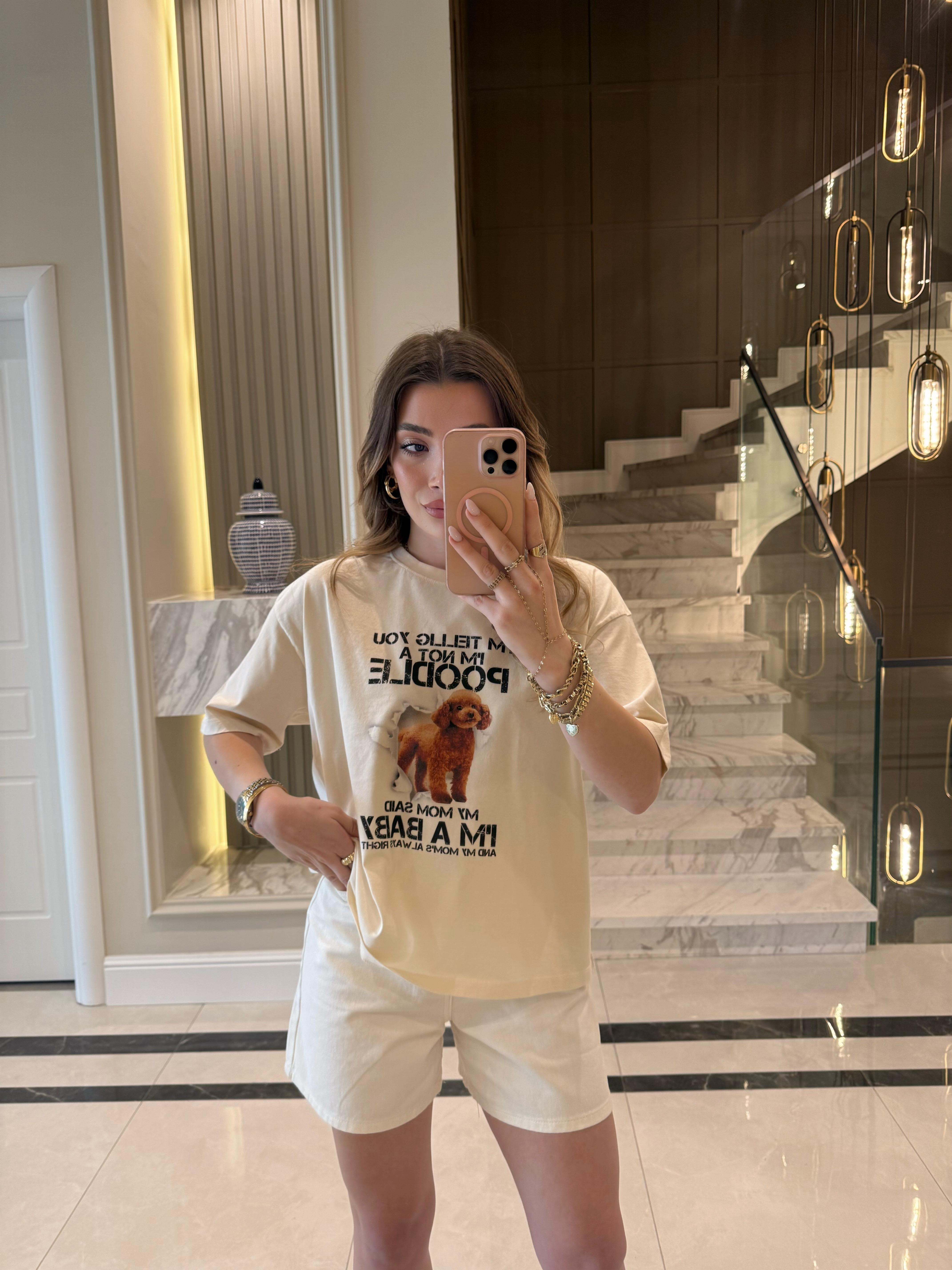 Ekru Poddle Baskılı Basic Tişört