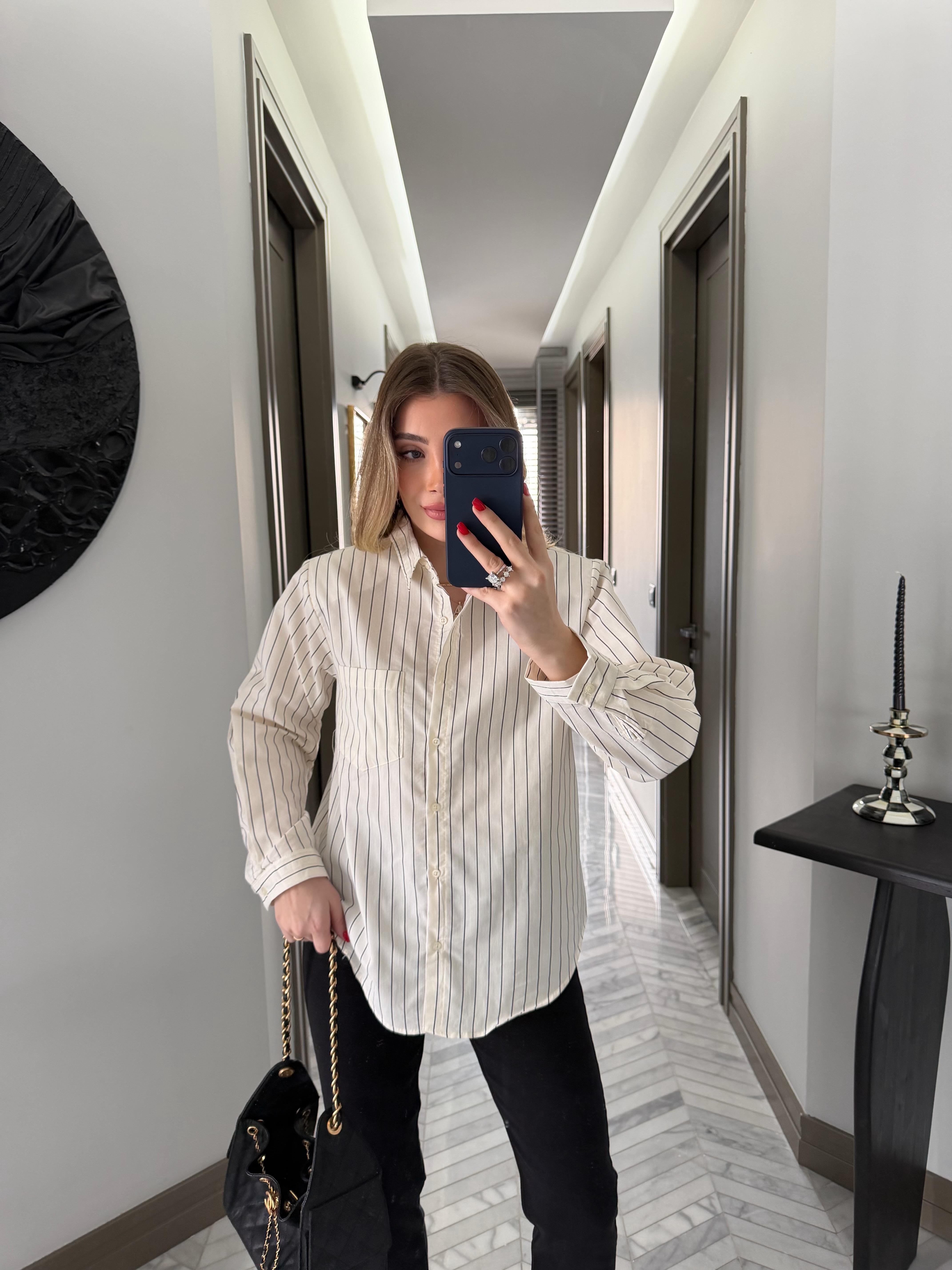 Ekru -Siyah Çizgili Gömlek-1009