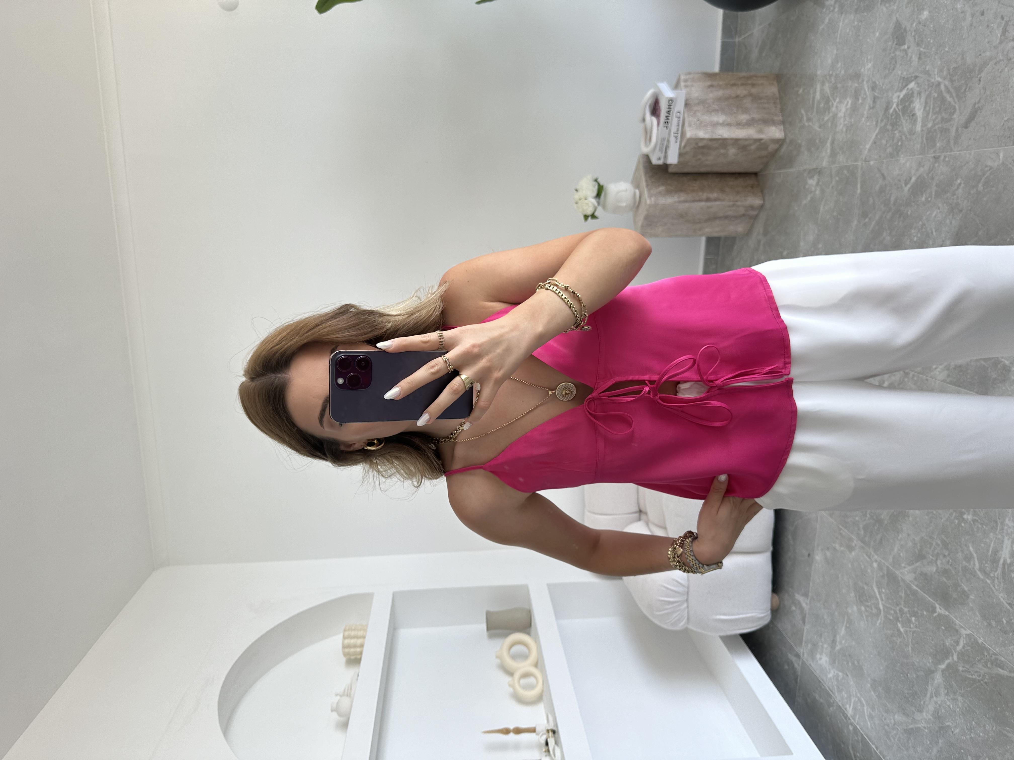 Fuşya Saten Marka Model Askılı Bluz