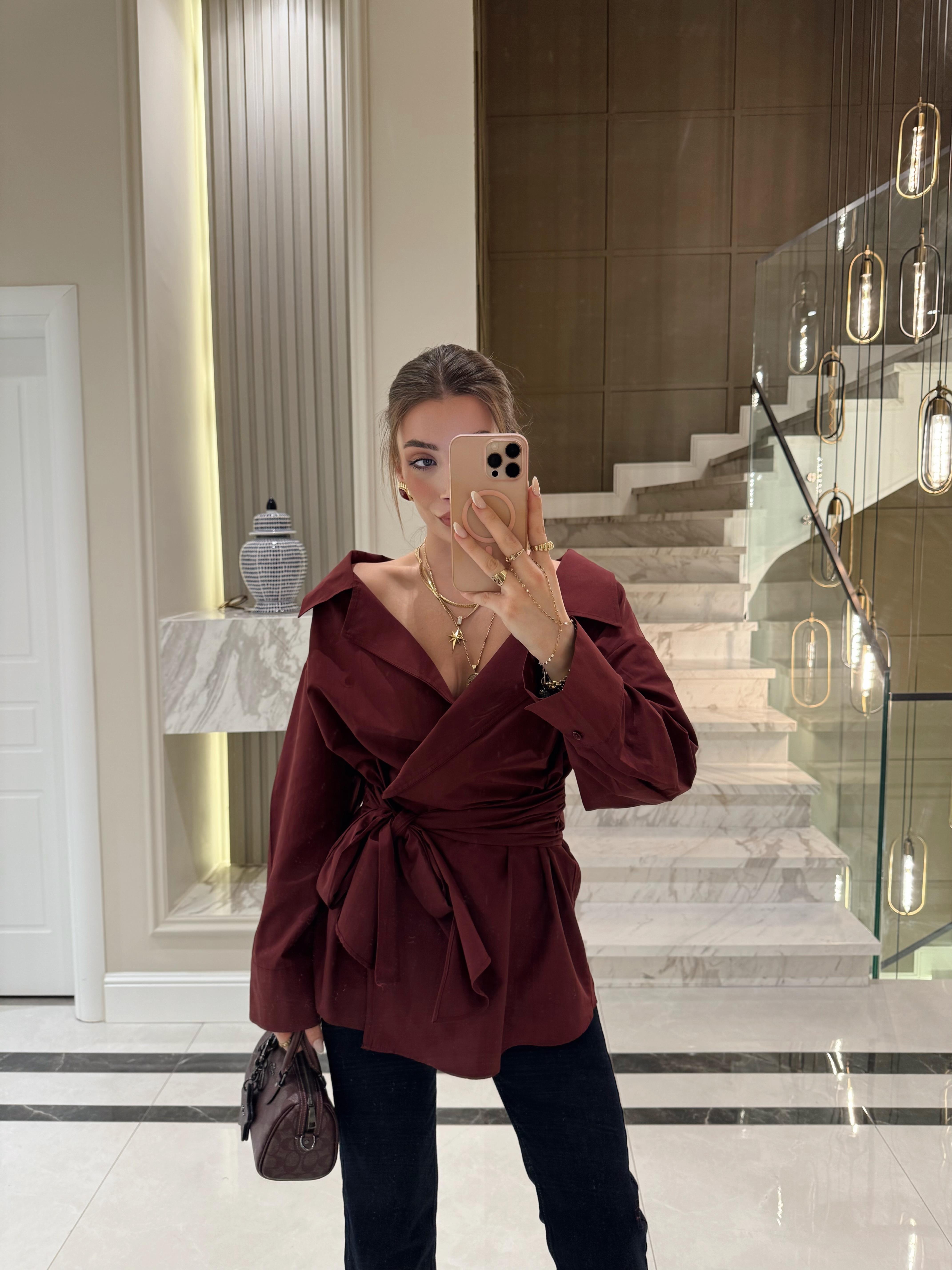 FW- Bordo Önü Bağlamalı Poplin Gömlek