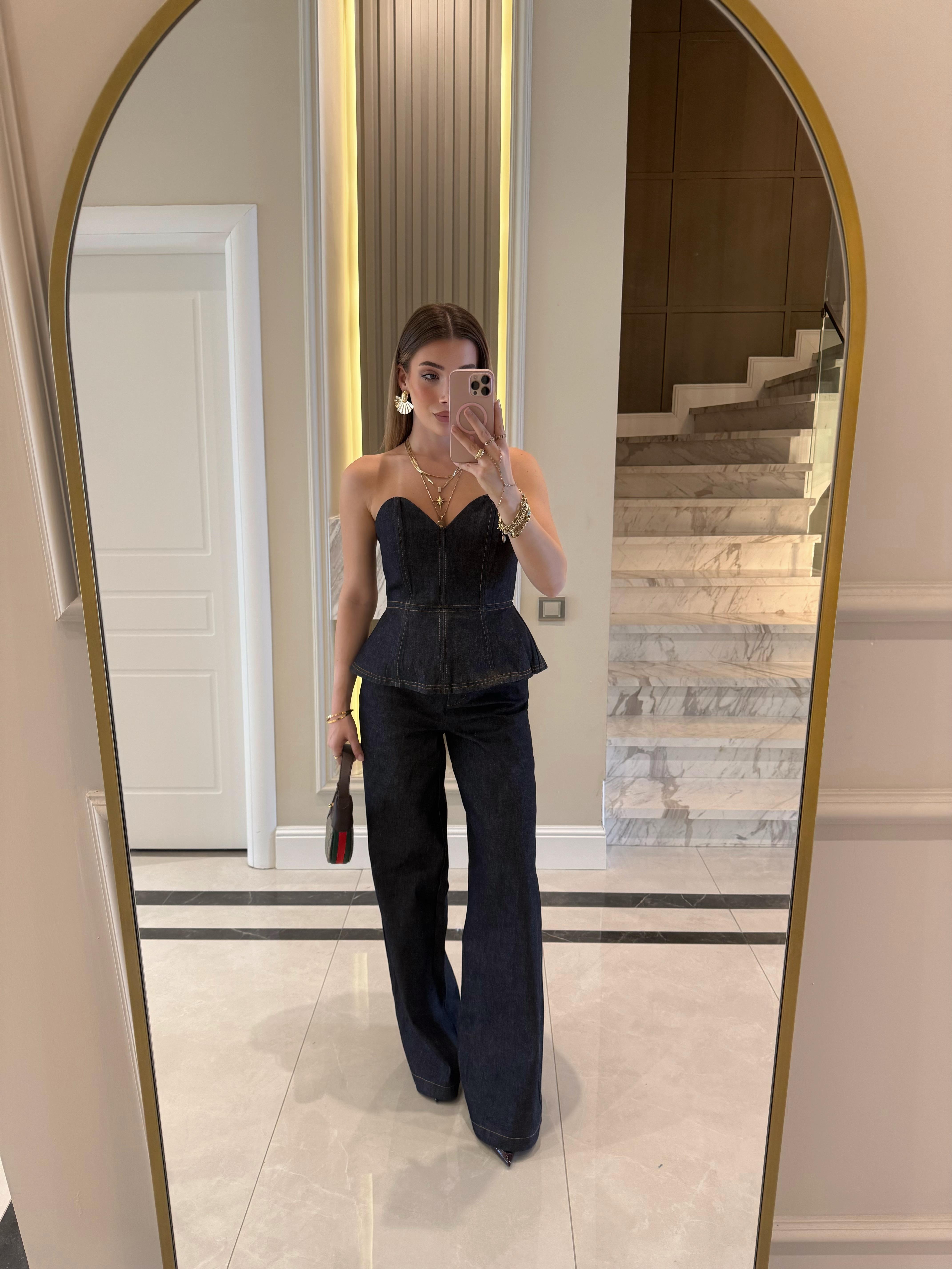 FW- Lacivert Denim Geniş Paçalı Pantolon 