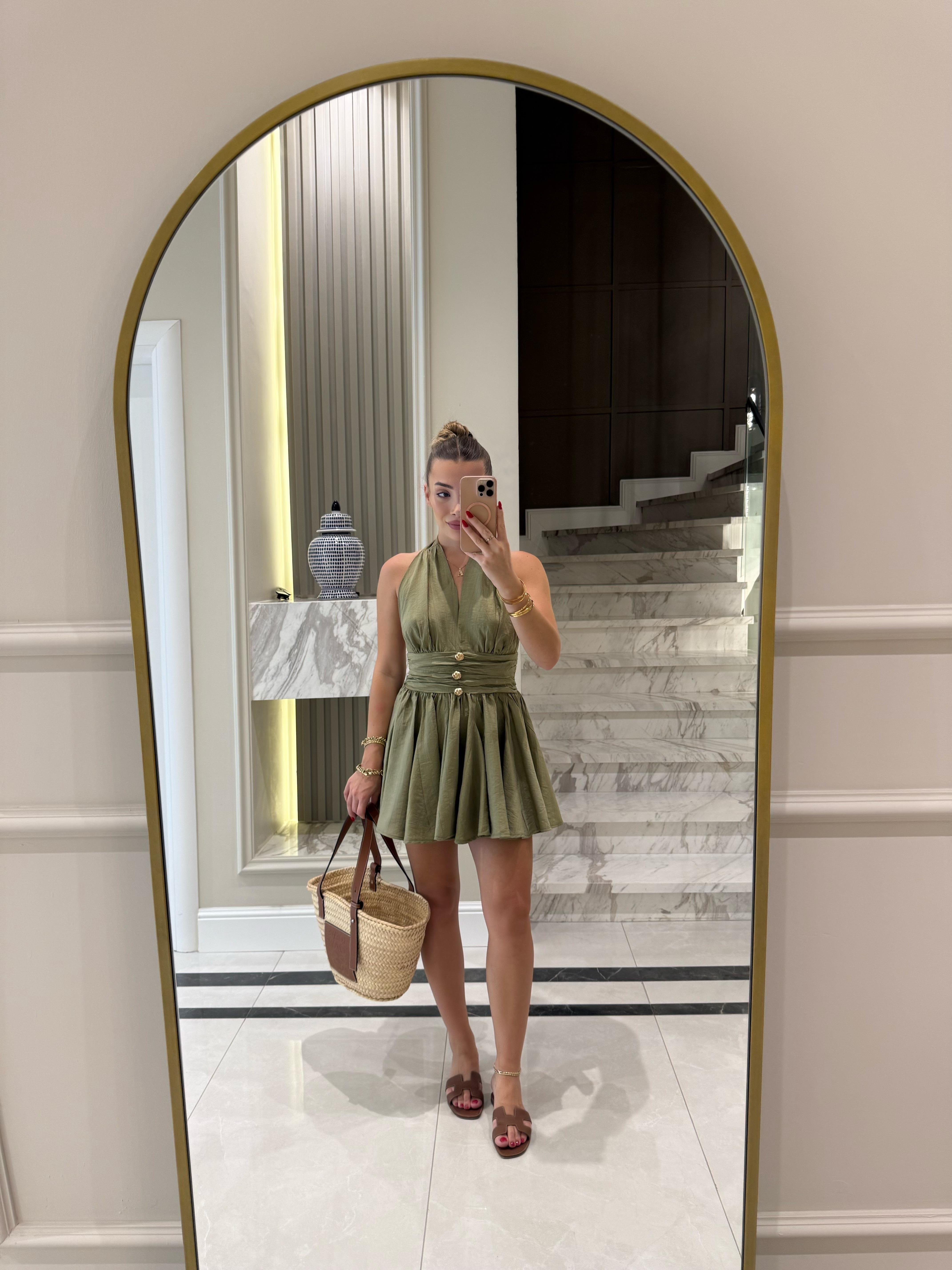 Haki Gold Düğmeli Ronse Mini Elbise