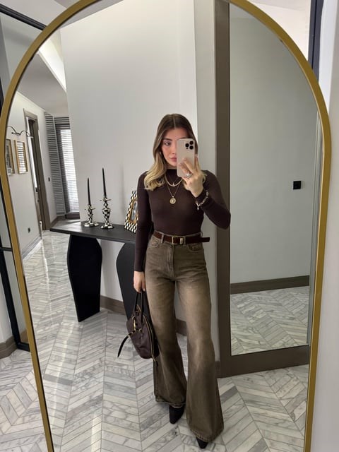 Haki Kemerli Denim Palazzo Jean - 1021
