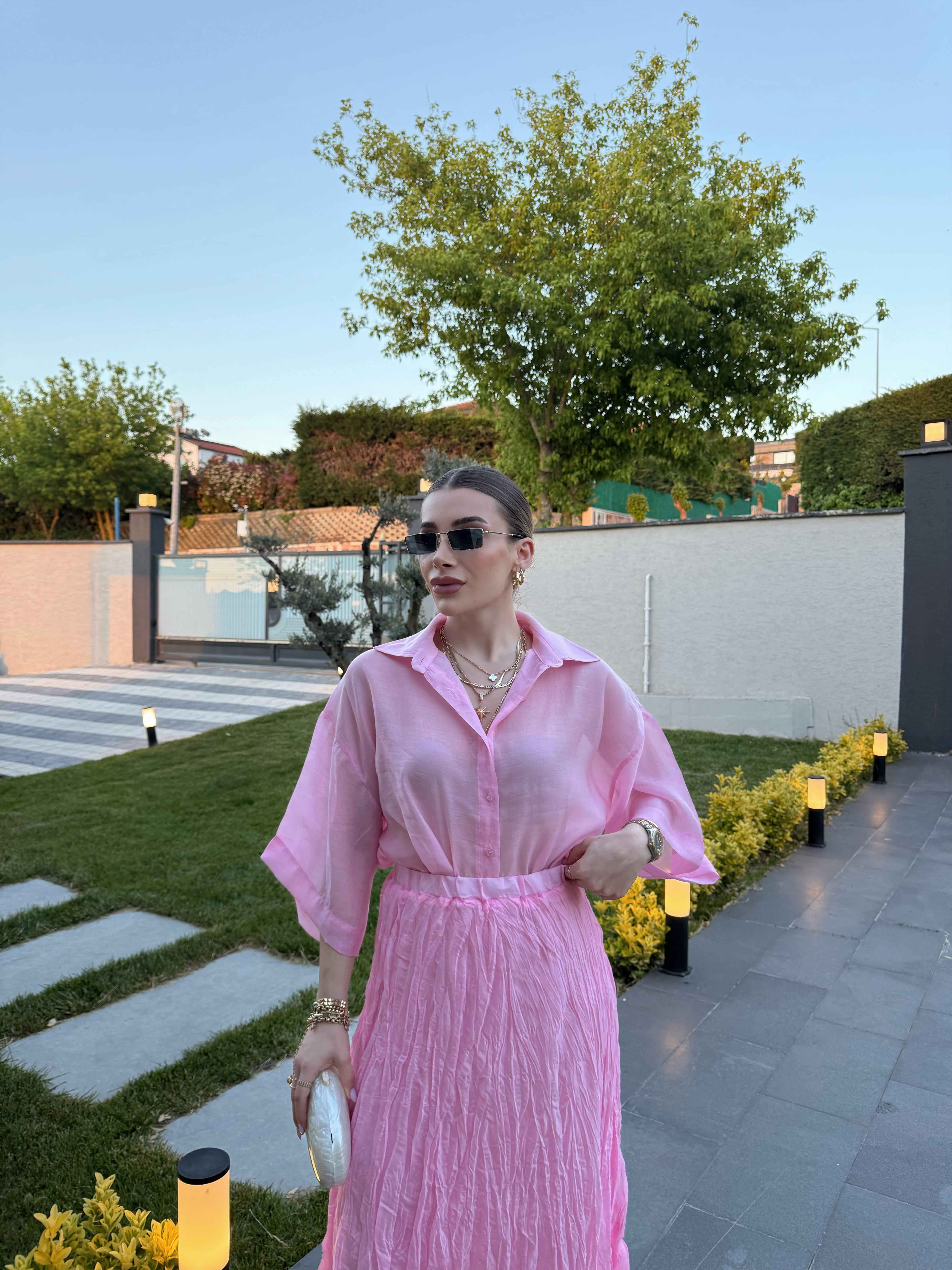 İpeksi Transparan Pembe  Gömlek-4927