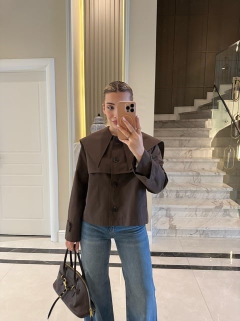 Kahve Bebe Yaka Düğmeli Trençkot - 7530