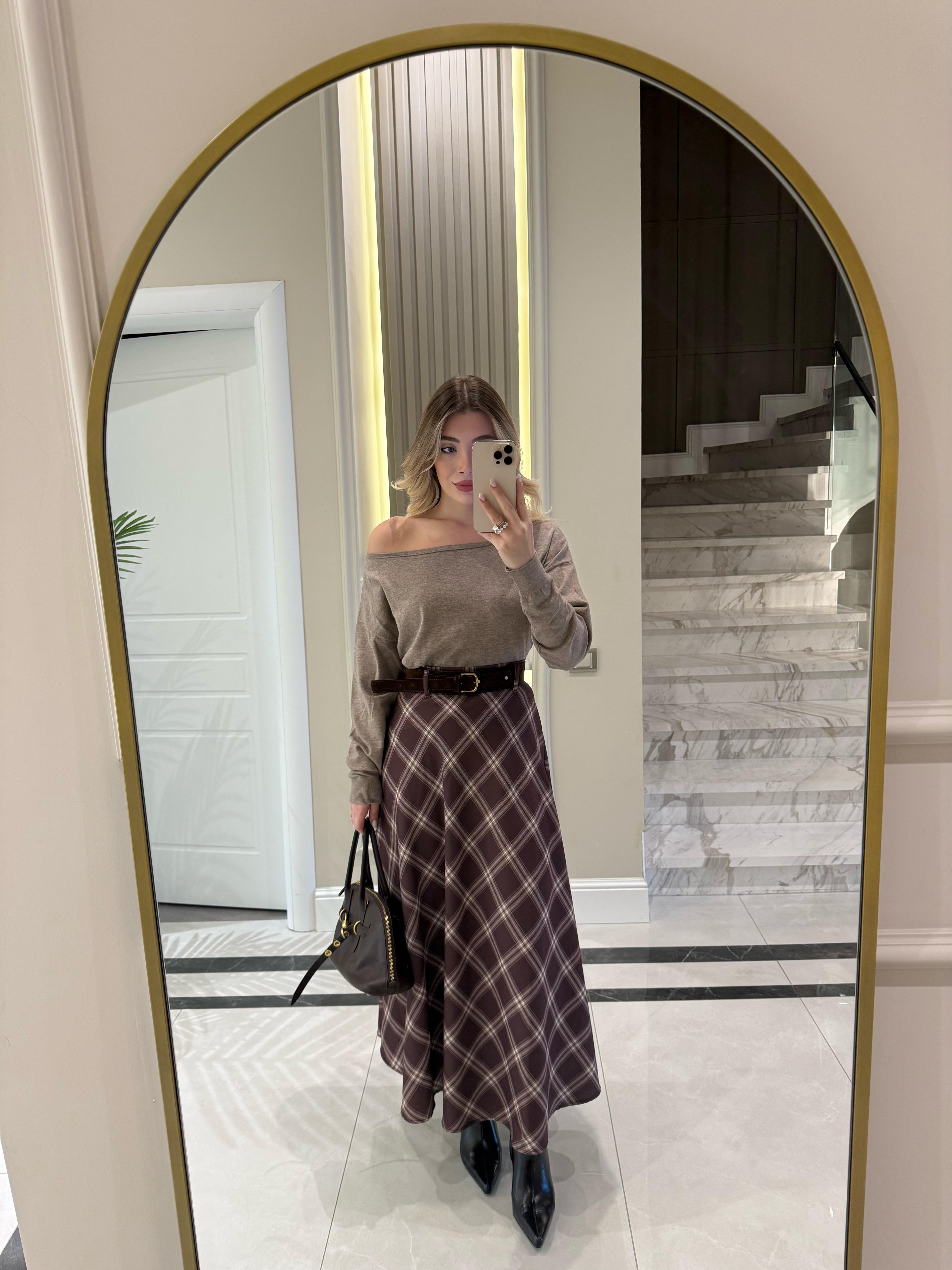 Kahve -bej Ekose Etek -1120