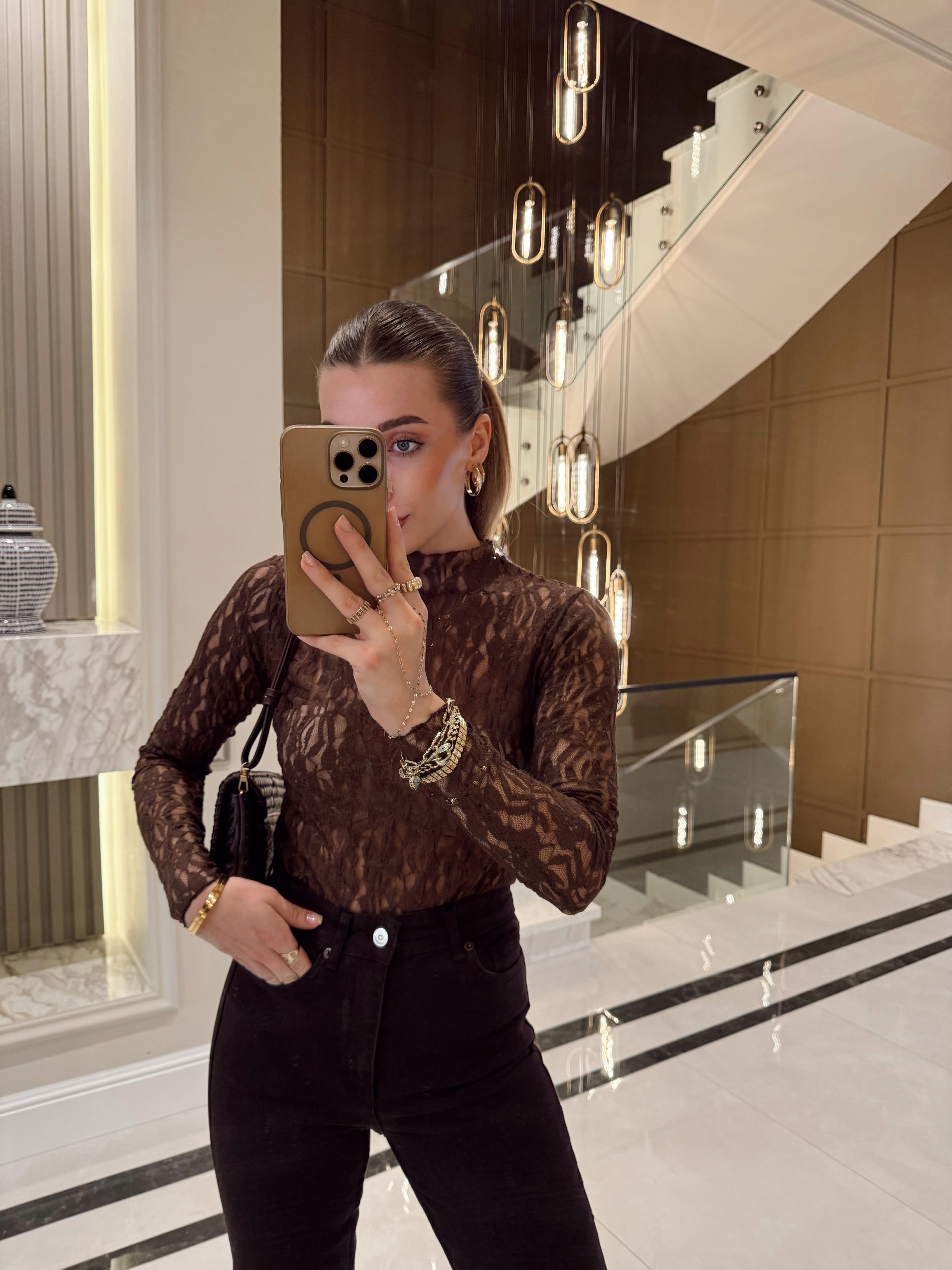 Kahve Dantel Transparan Bluz 