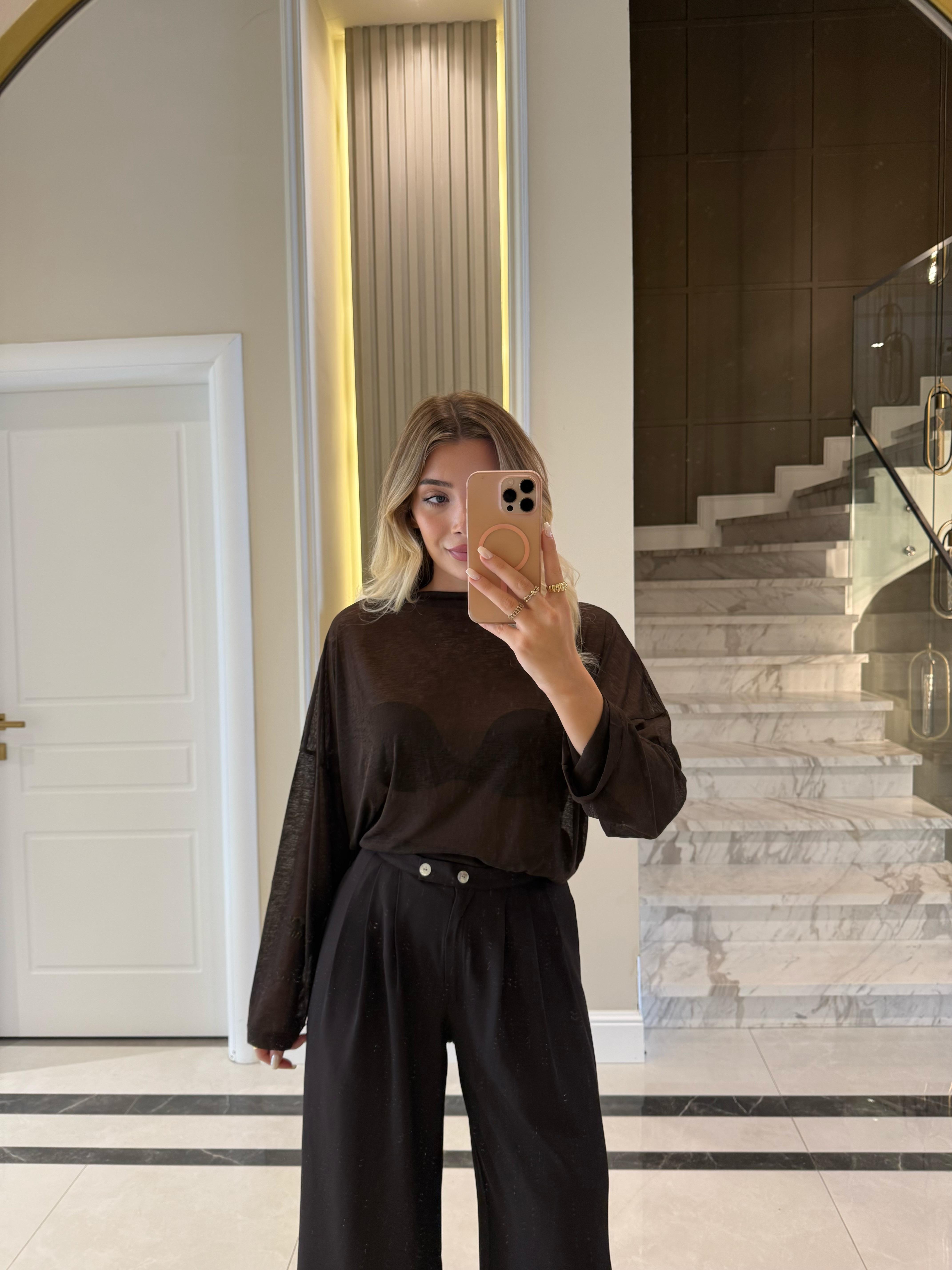 Kahve Dik Yaka Transparan Bluz-70230