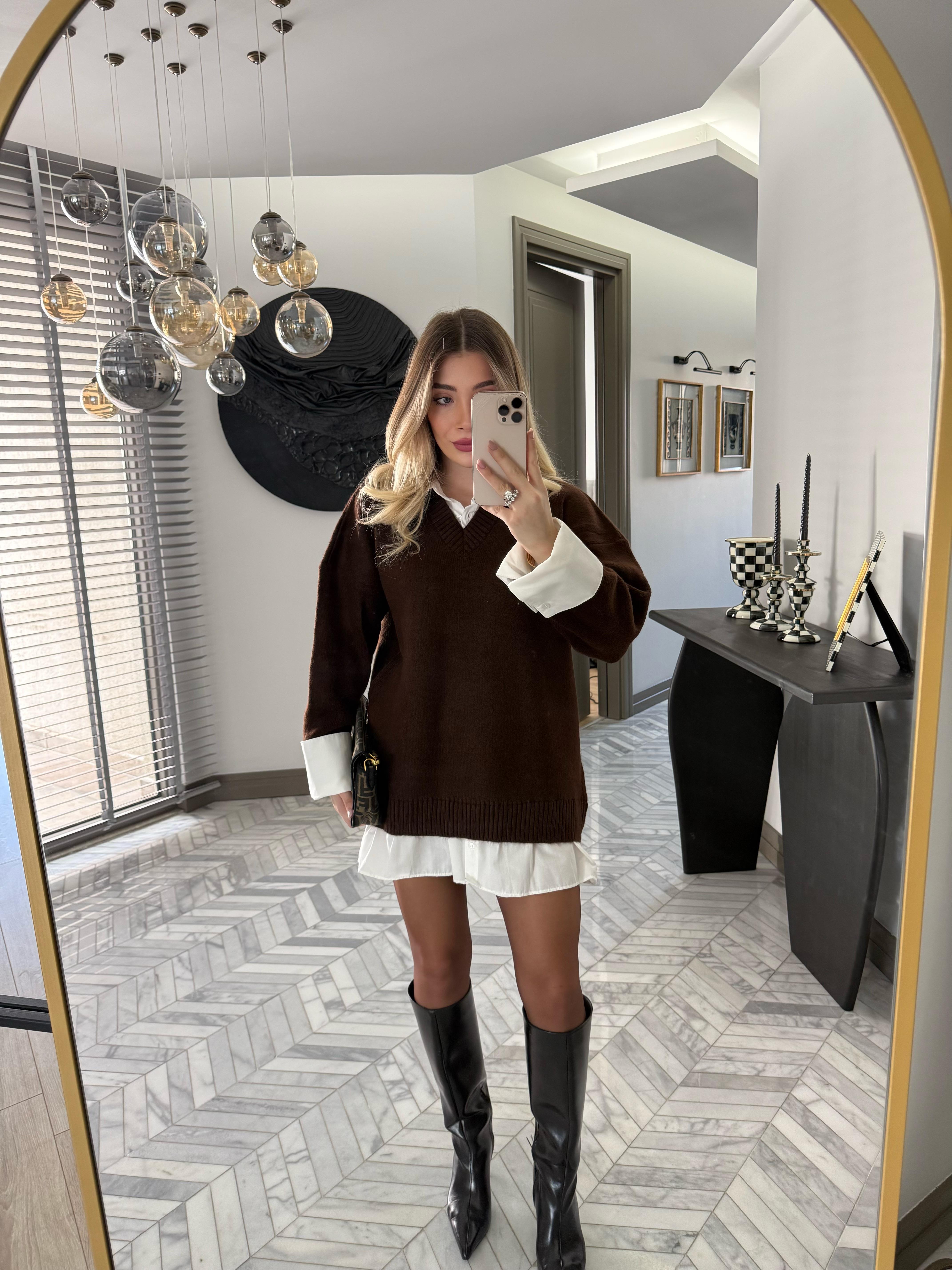 Kahve Gömlek Görünümlü V Yaka Elbise-4661