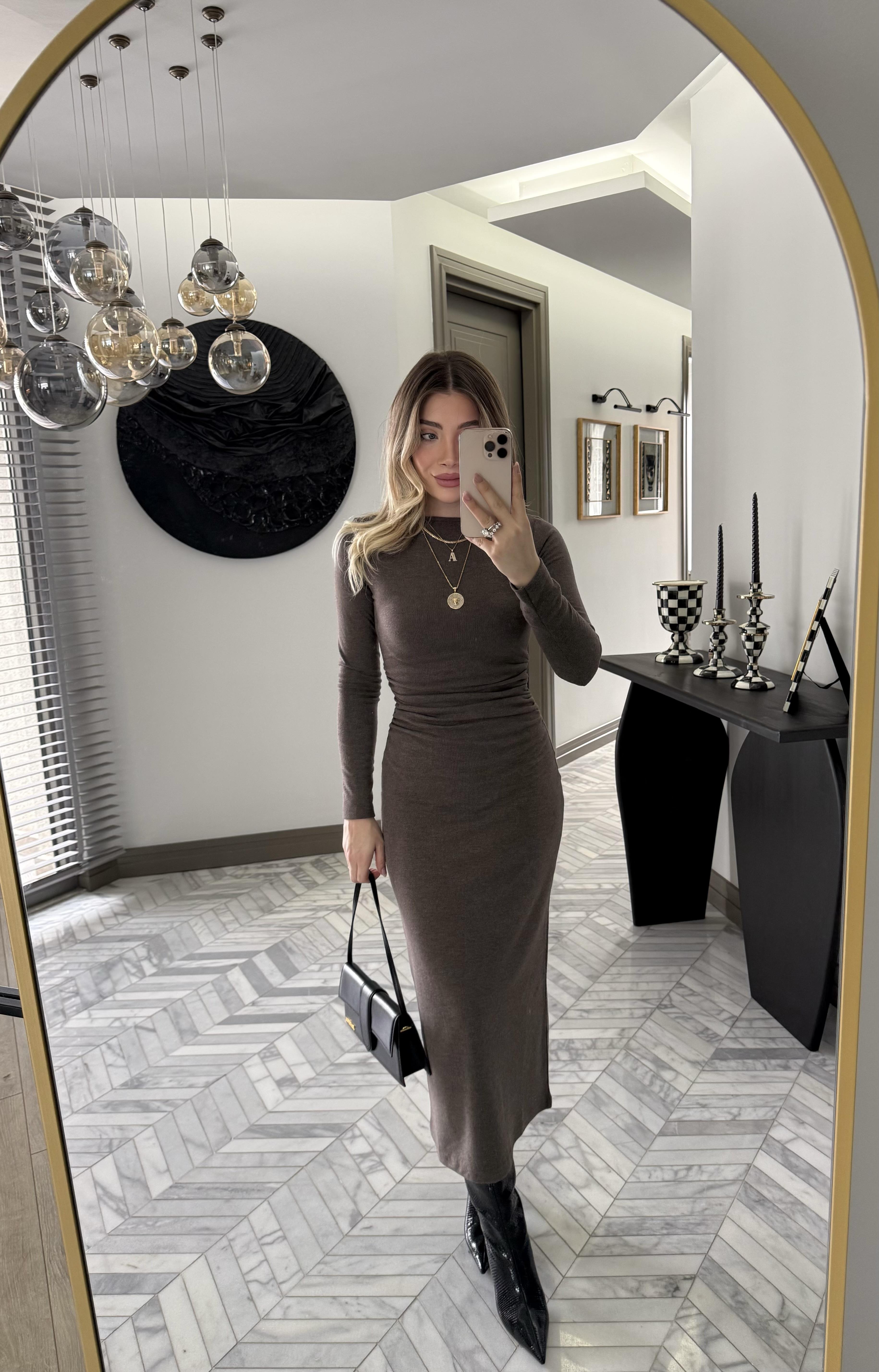 Kahve İnce Fitilli Triko Elbise-1004