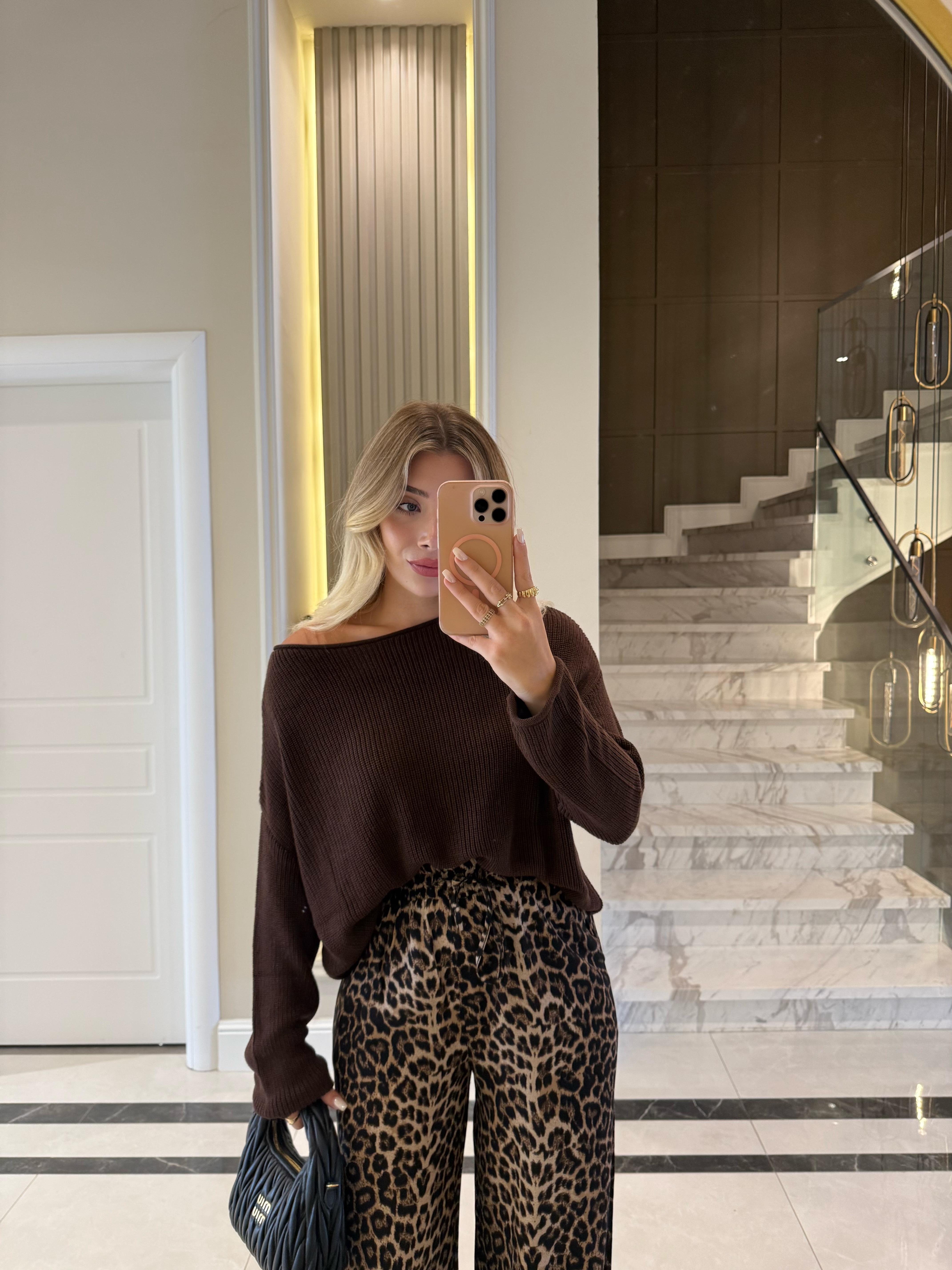 Kahve Kayık Yaka Basic Triko Kazak- 10804