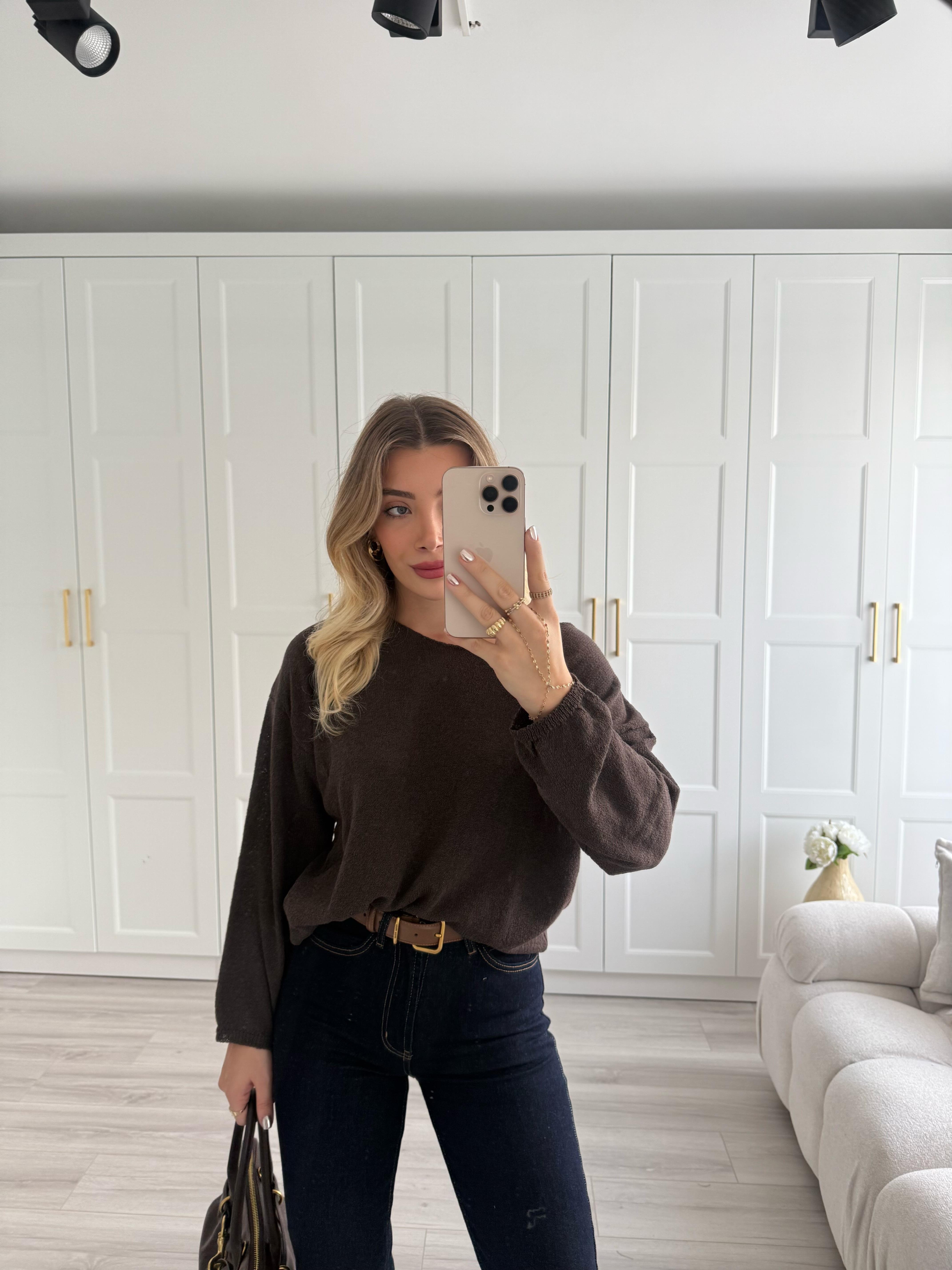 Kahve Kayık Yaka Merserize Triko