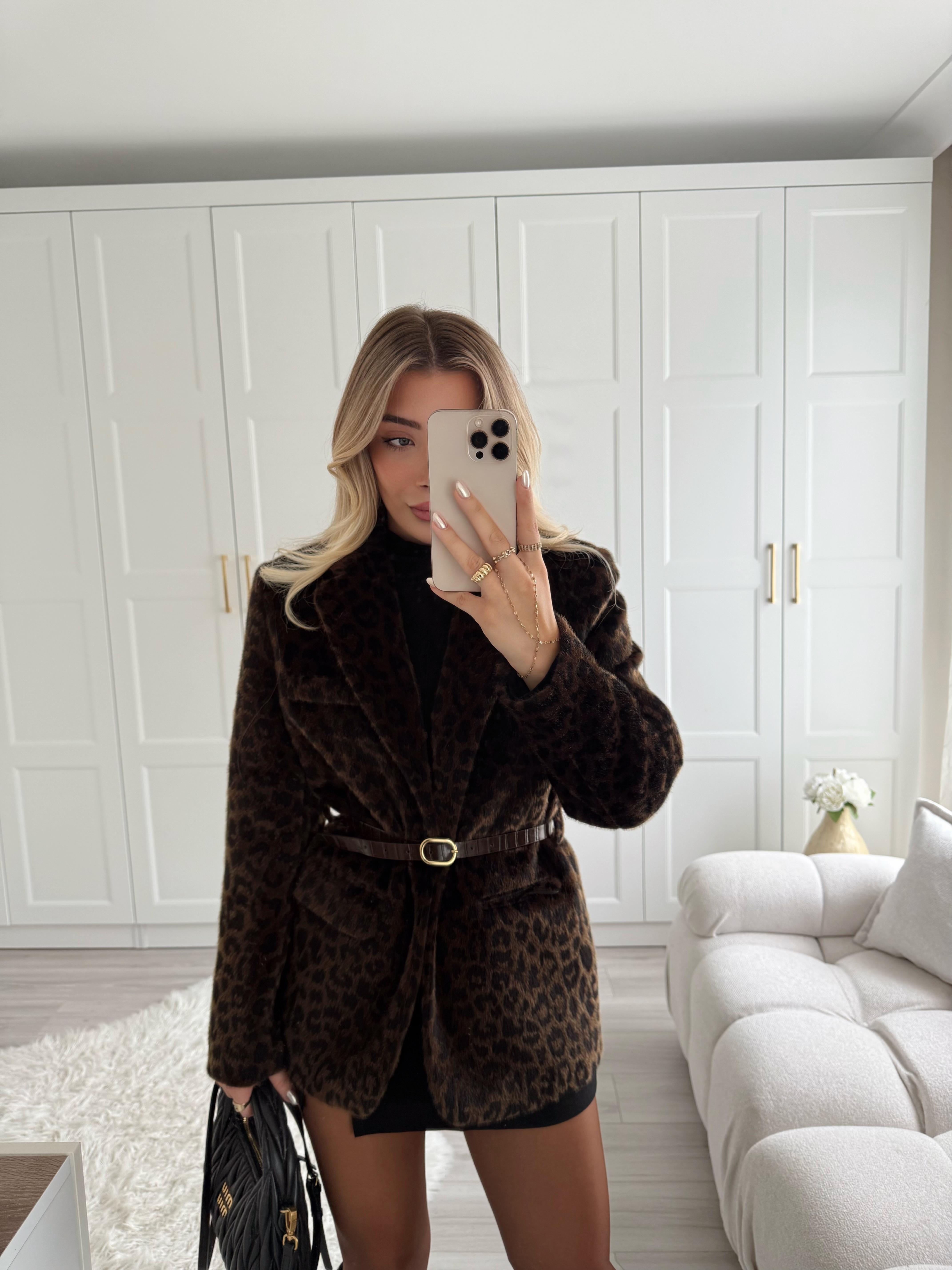 Kahve Leopar Desenli Peluş Ceket-9490
