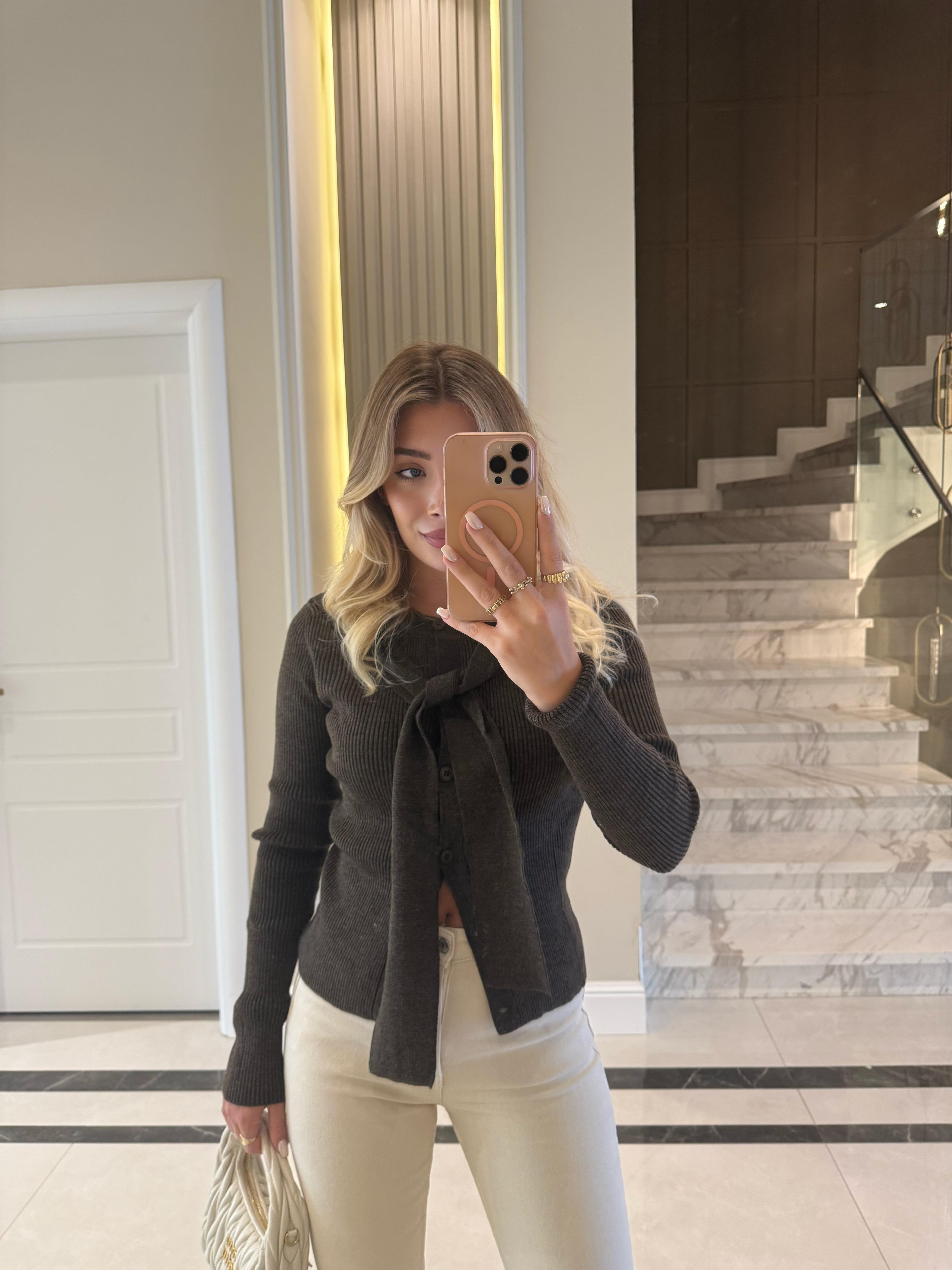 Kahve Melanj Önü Bağlamalı Hırka