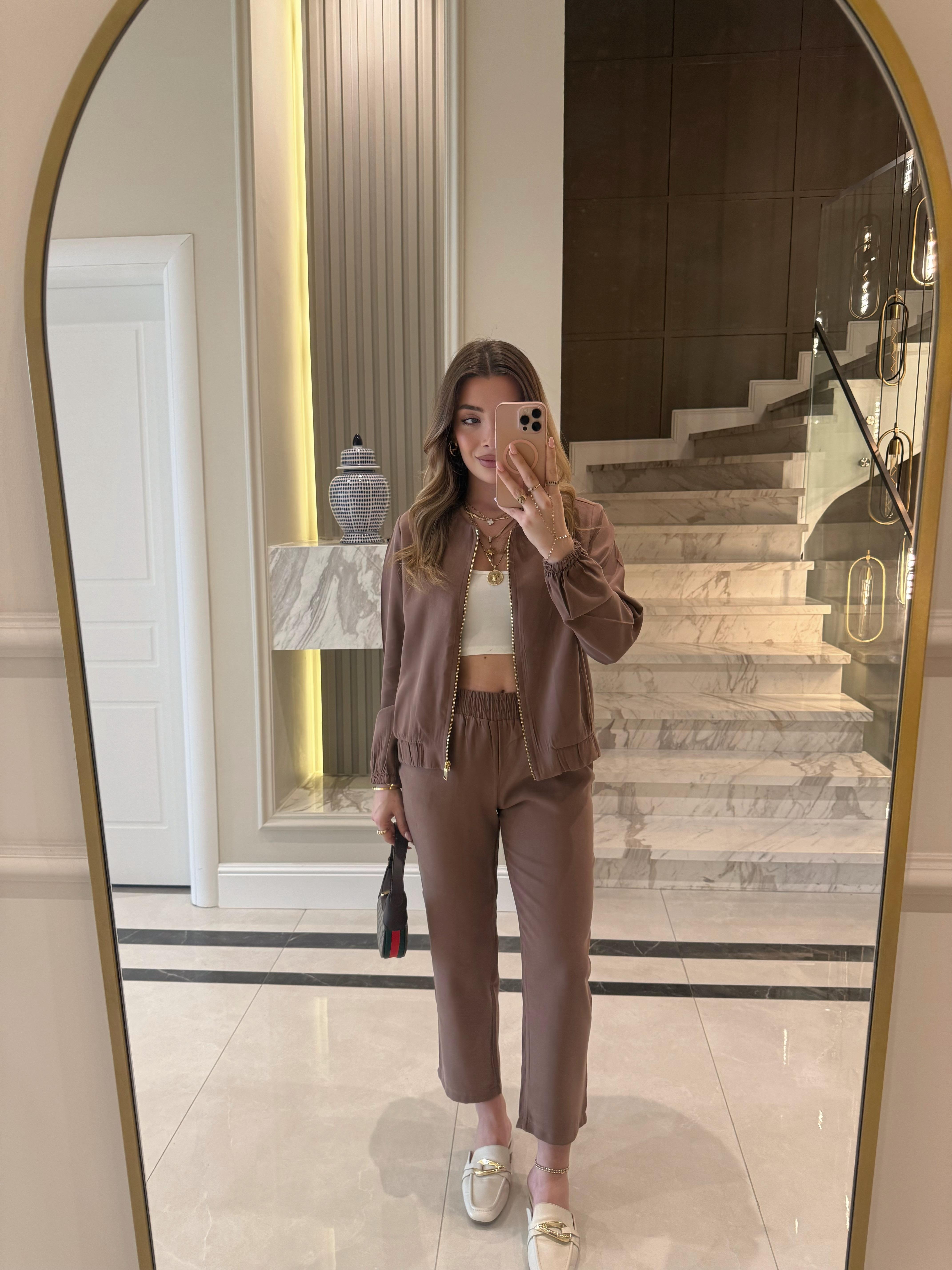 Kahve Önü Fermuarlı Lyocell Karışımlı İkili Takım