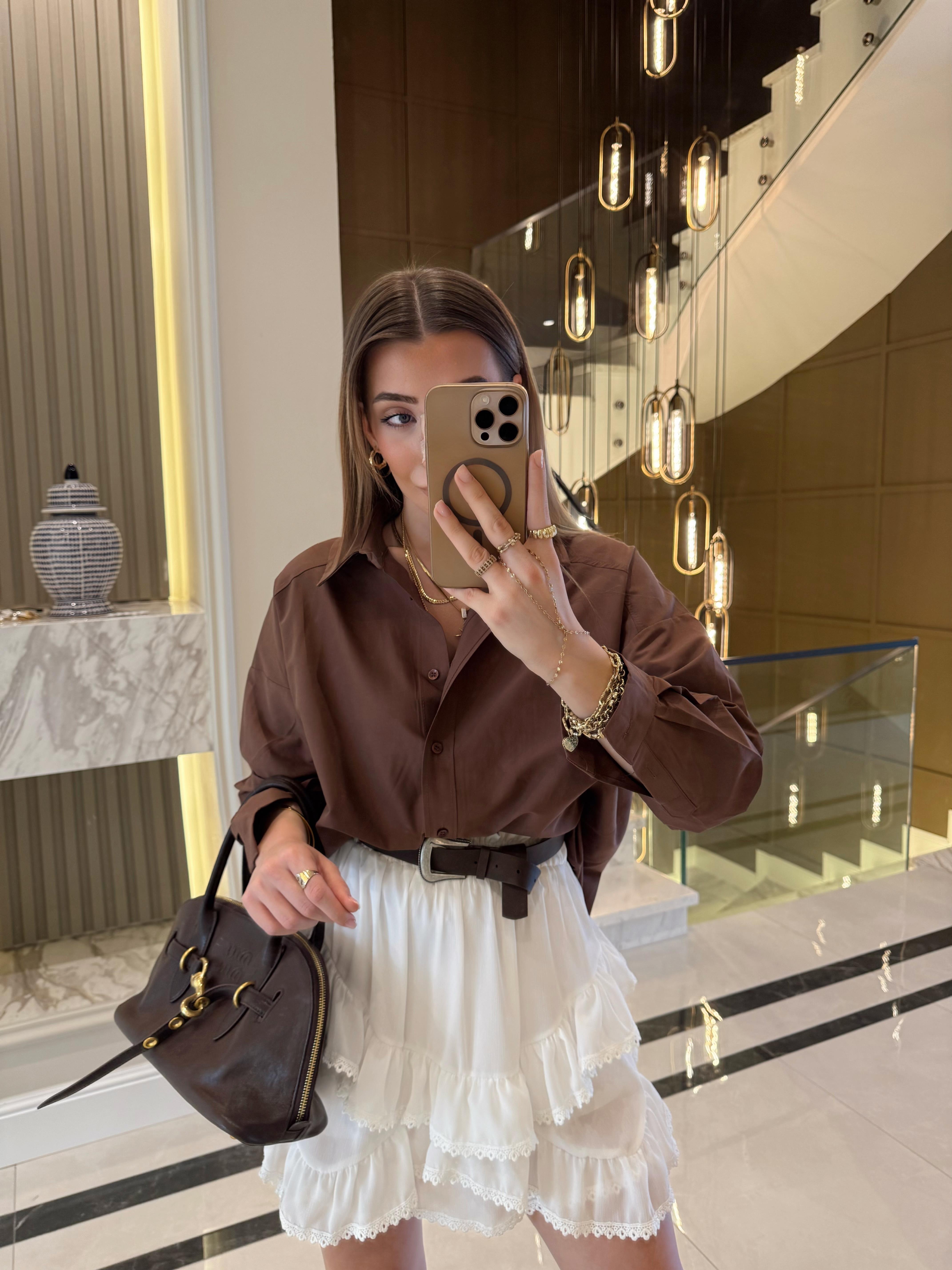 Kahve Oversize Poplin Gömlek-4943