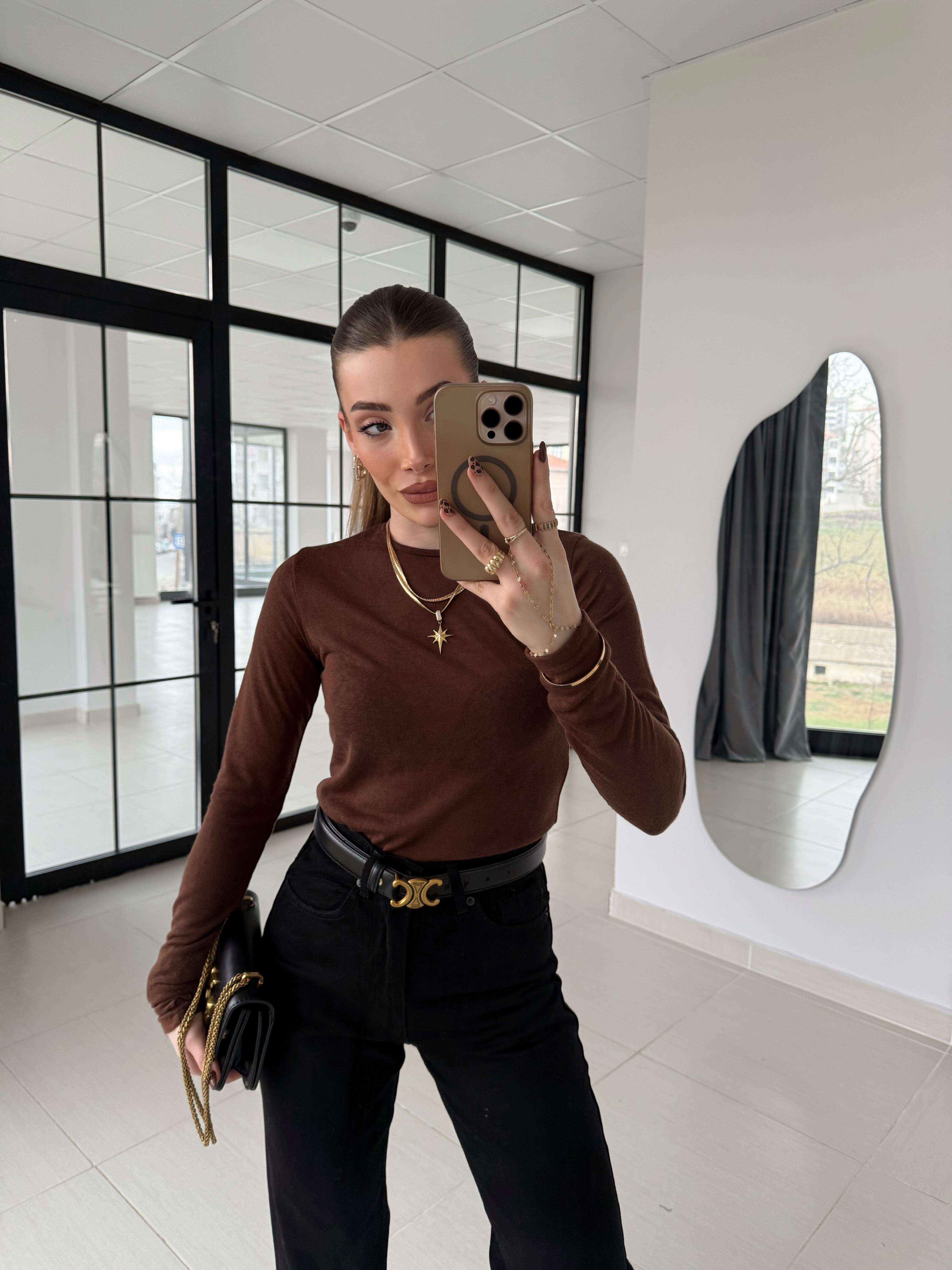 Kahve Rengi  Bisiklet Yaka Transparan Bluz-1091