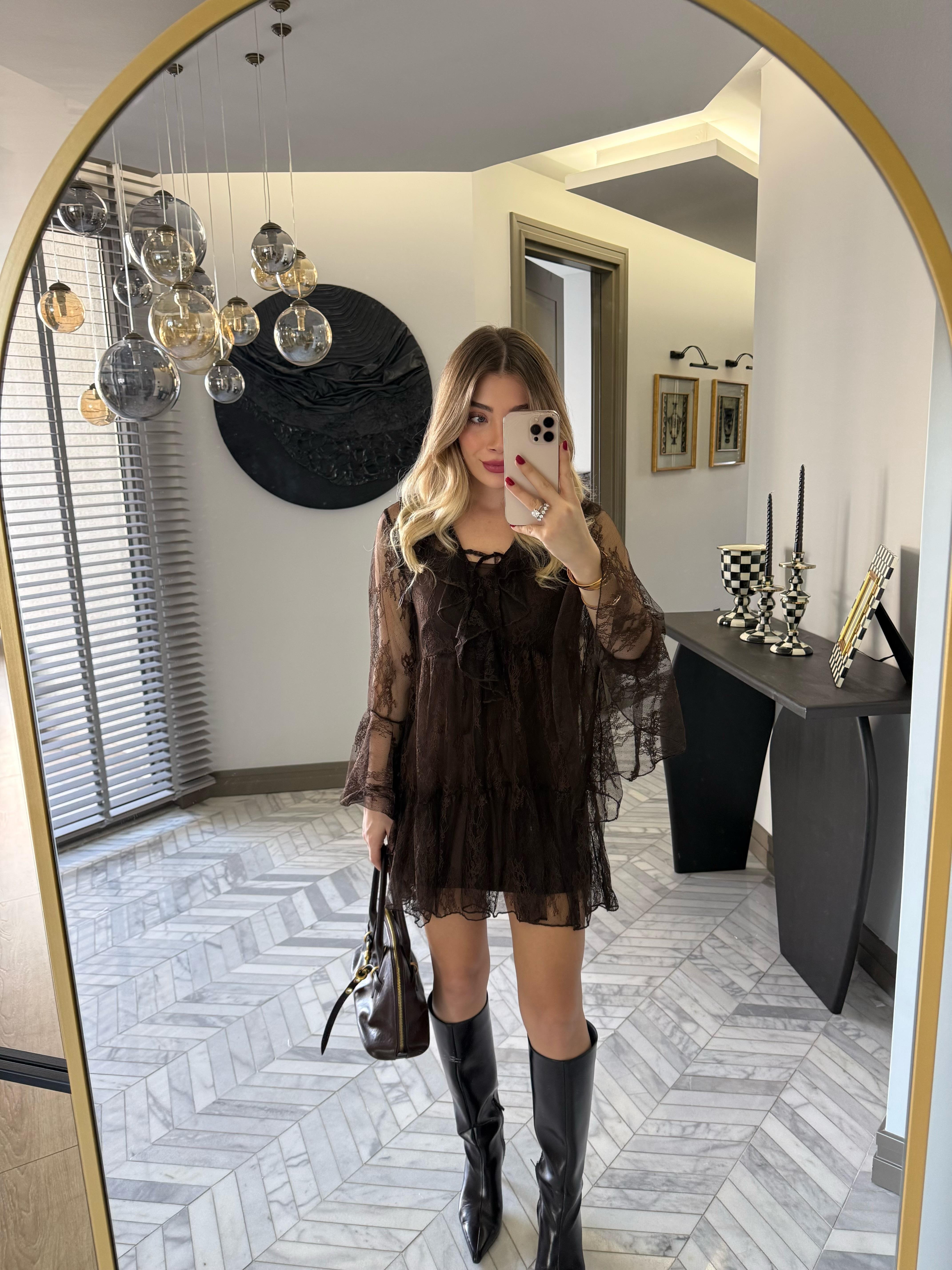 Kahve Rengi Dantel Elbise-35530