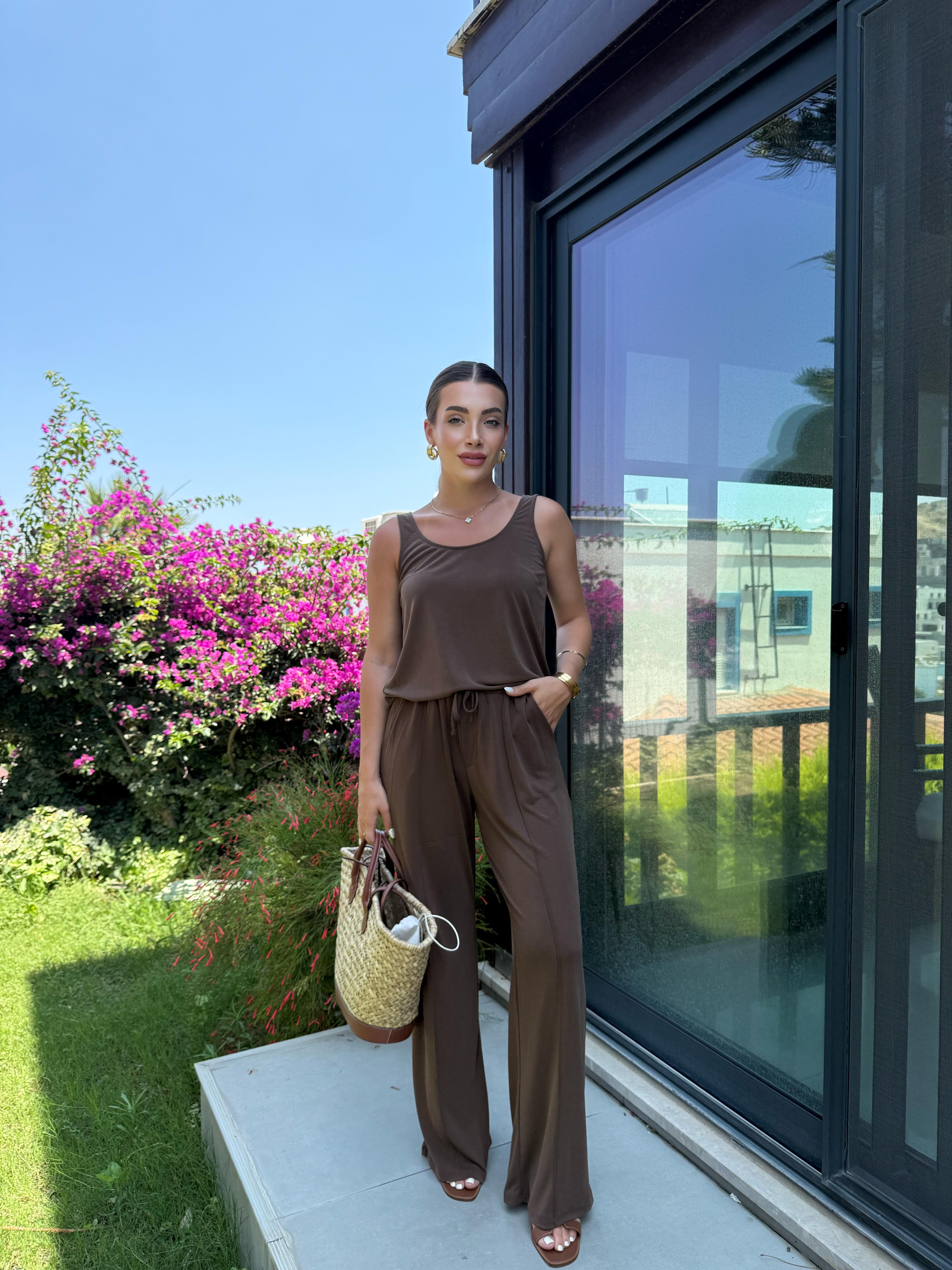 Kahve Rengi Modal Kumaş Kalın Askılı Takım