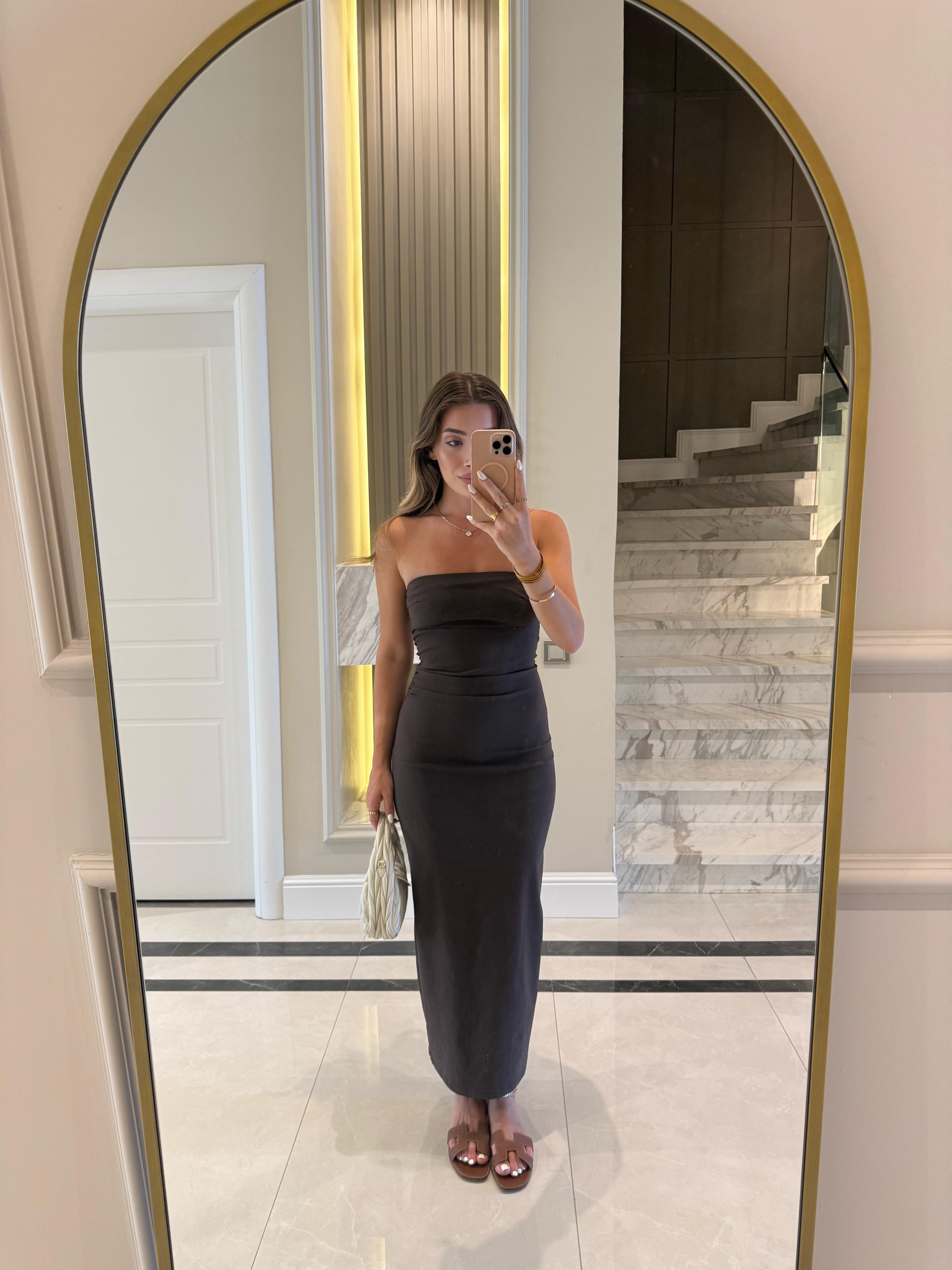 Kahve Rengi Straplez Midi Boy Elbise-91368