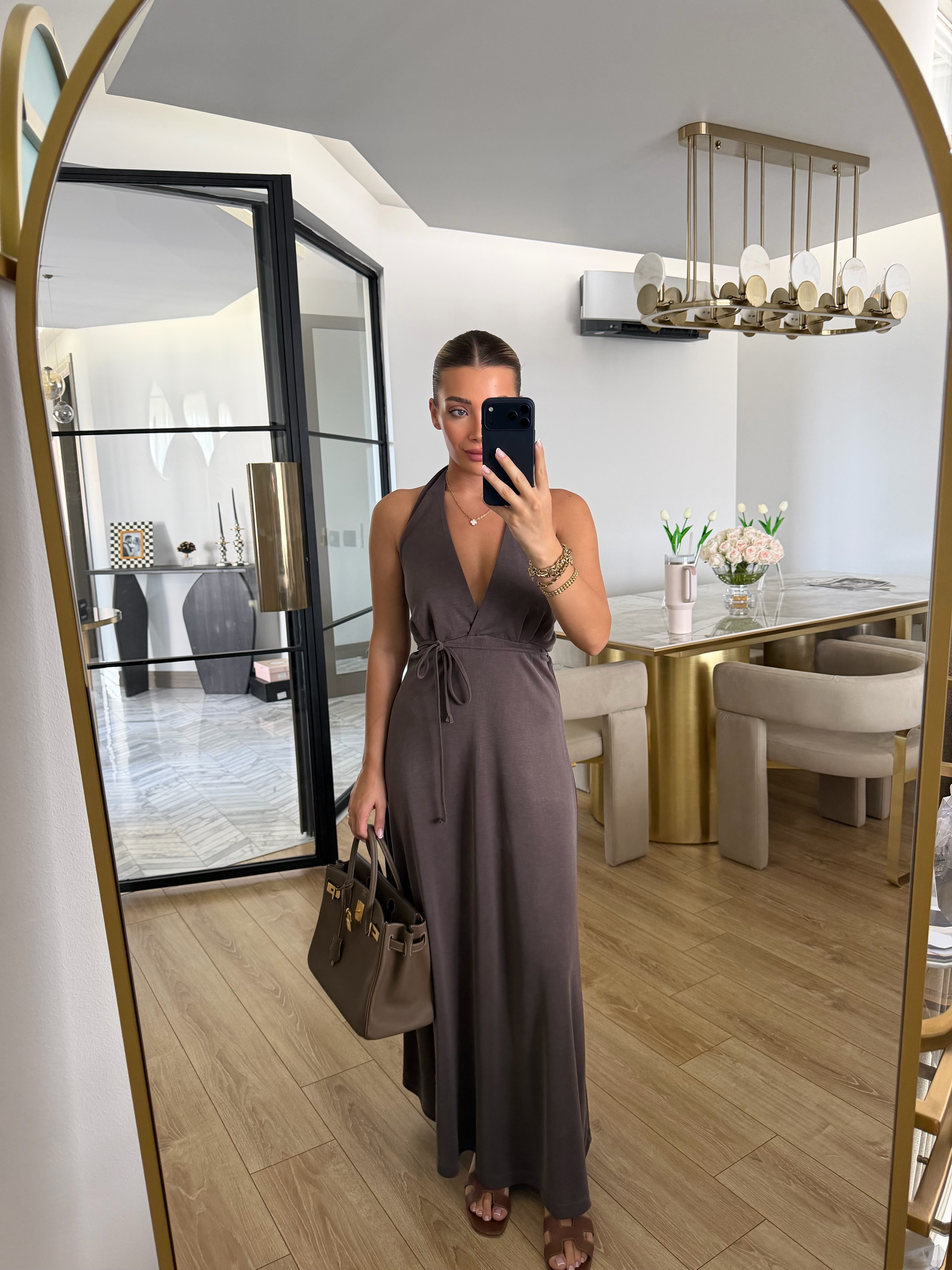 Kahve Sırtı Açık Pike Elbise-4196
