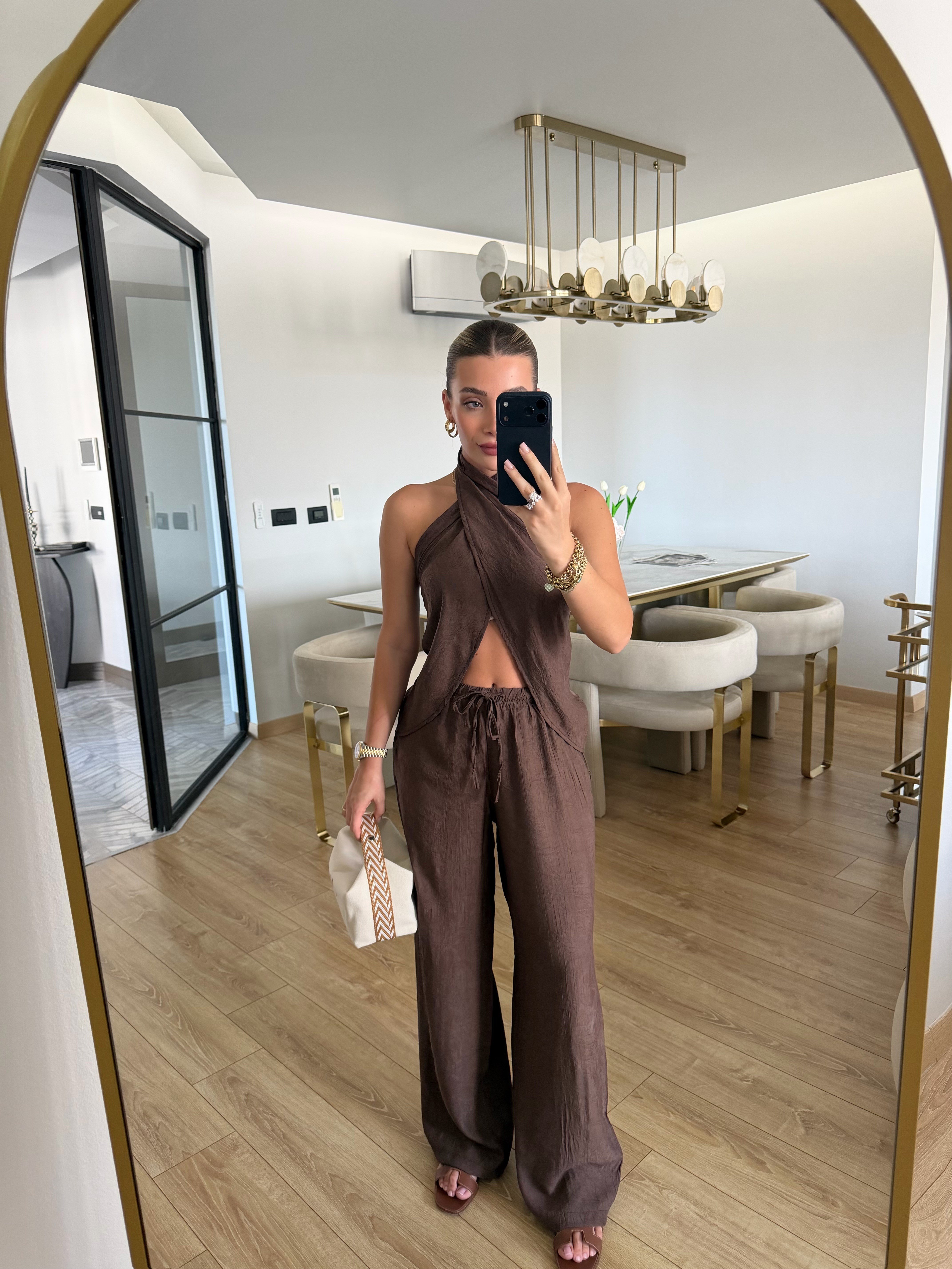 Kahverengi Boyundan Geçmeli Bluz Pantolon İkili Takım-0979