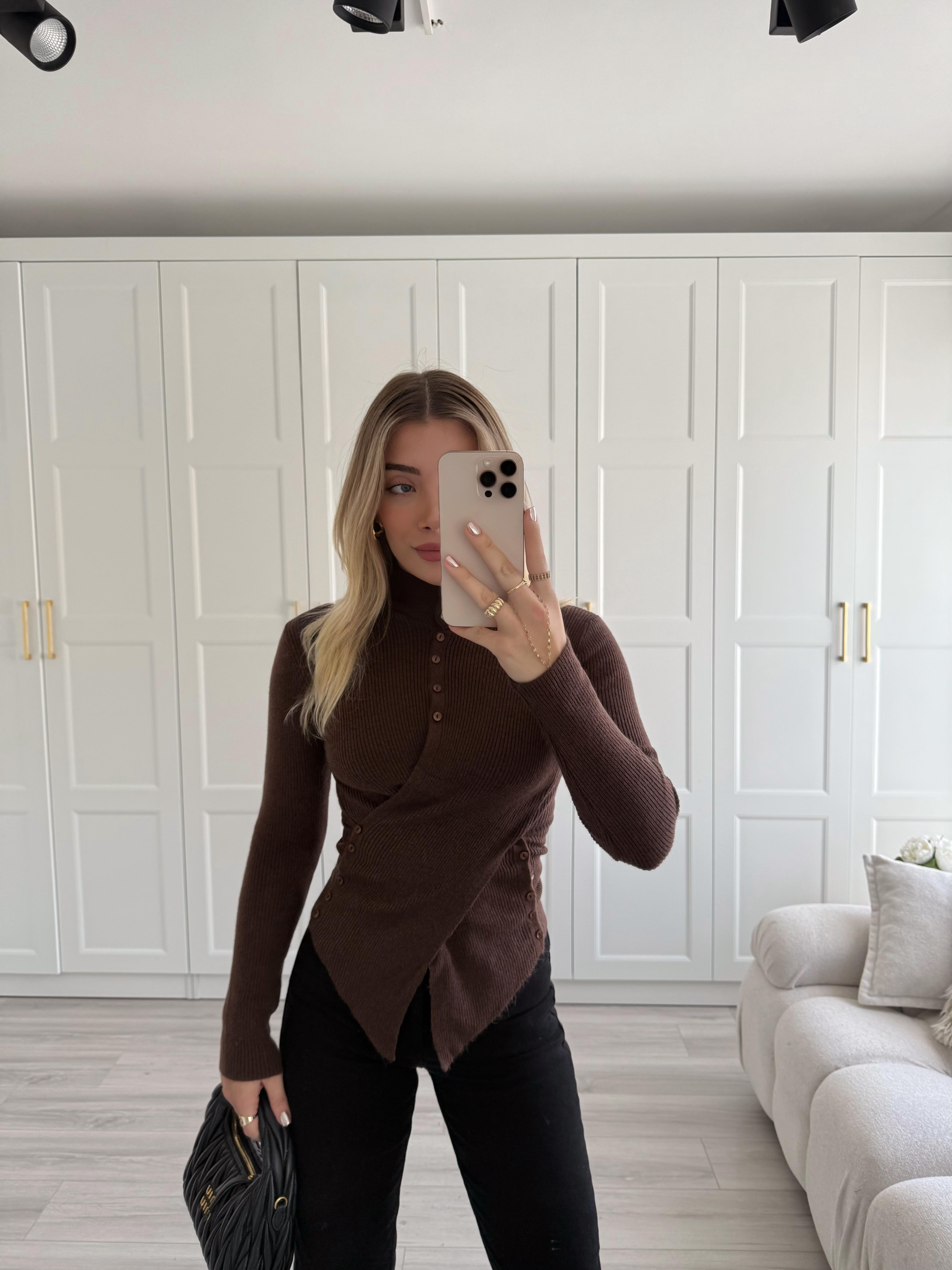 Kahverengi Düğmeli Anvelop Triko-1027