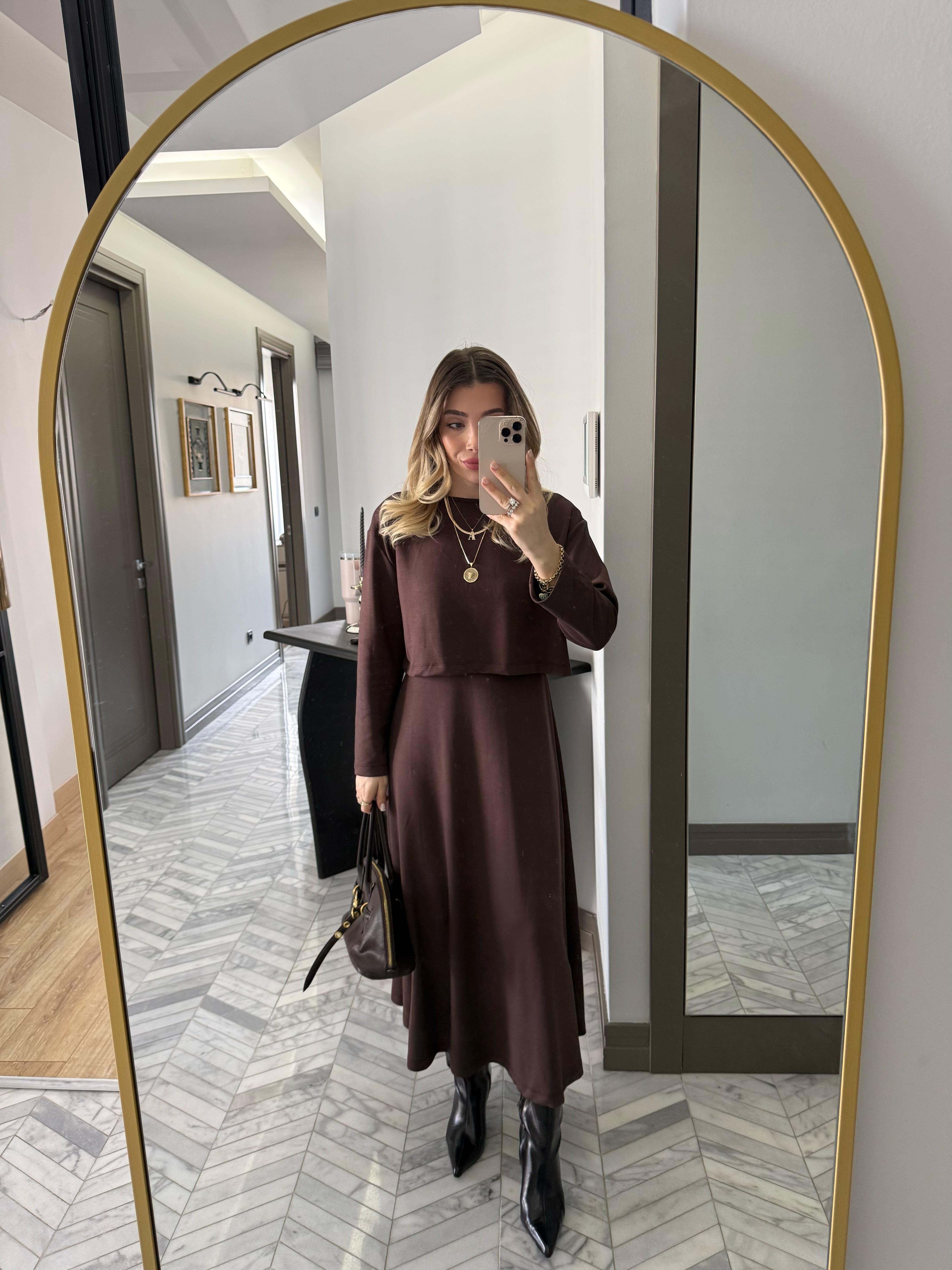 Kahverengi Elbiseli Modal Kumaş İkili Takım-4064