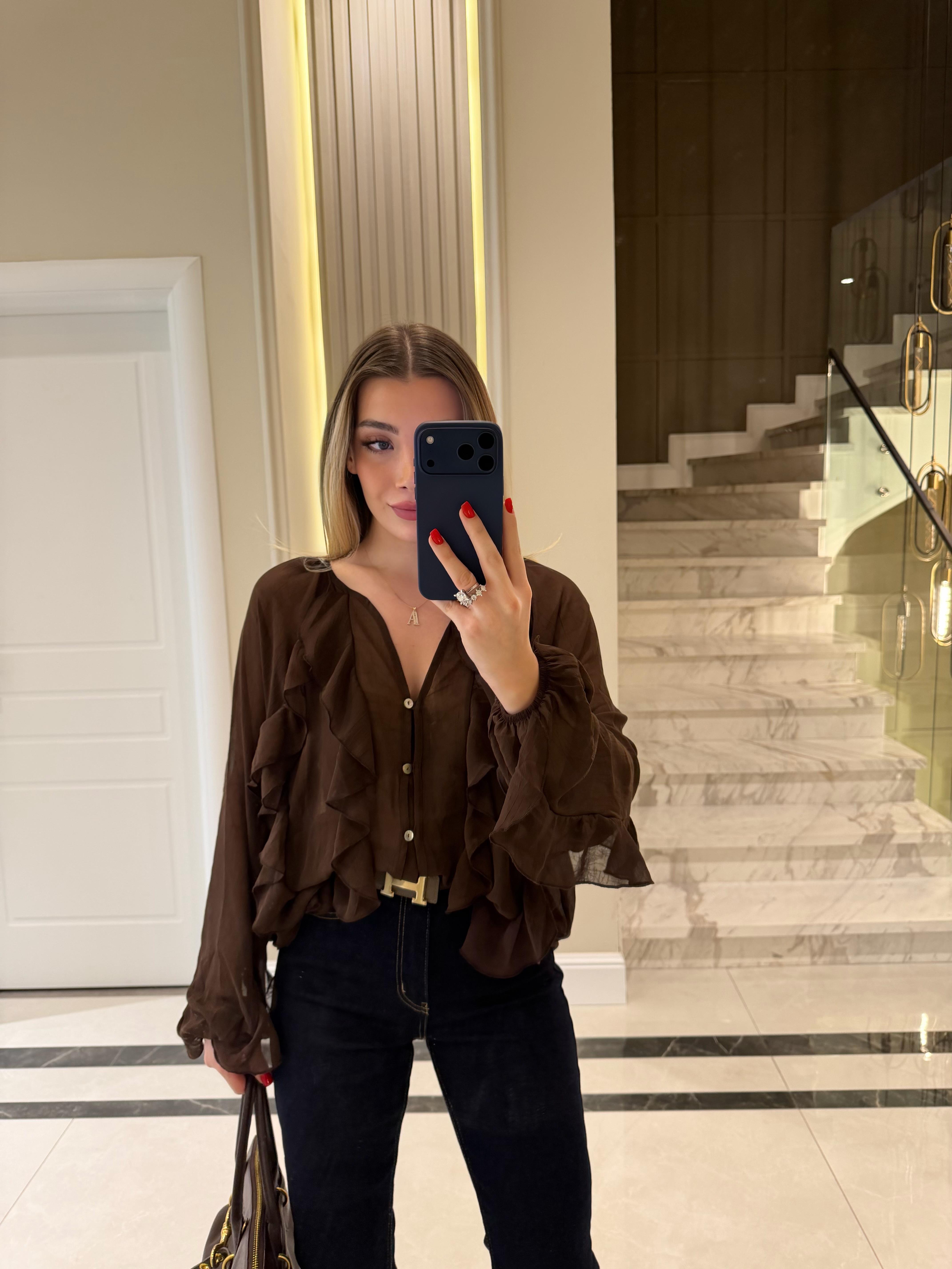 Kahverengi  Fırfır Detaylı Şifon Bluz -70245